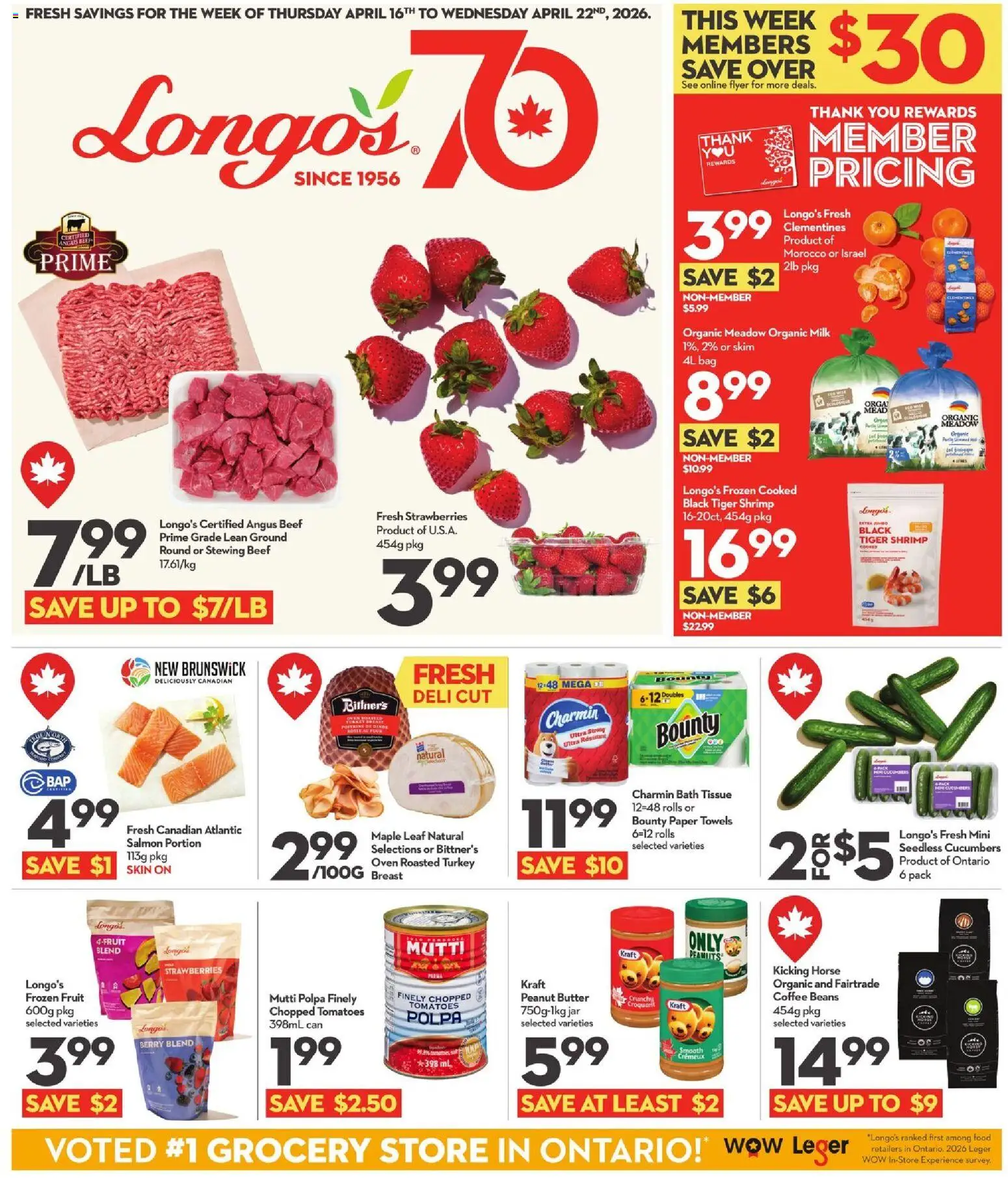 Longo's flyer valid from 16.04.2026 | Page: 1 | Products: Beef, Strawberries, Bag, Oven