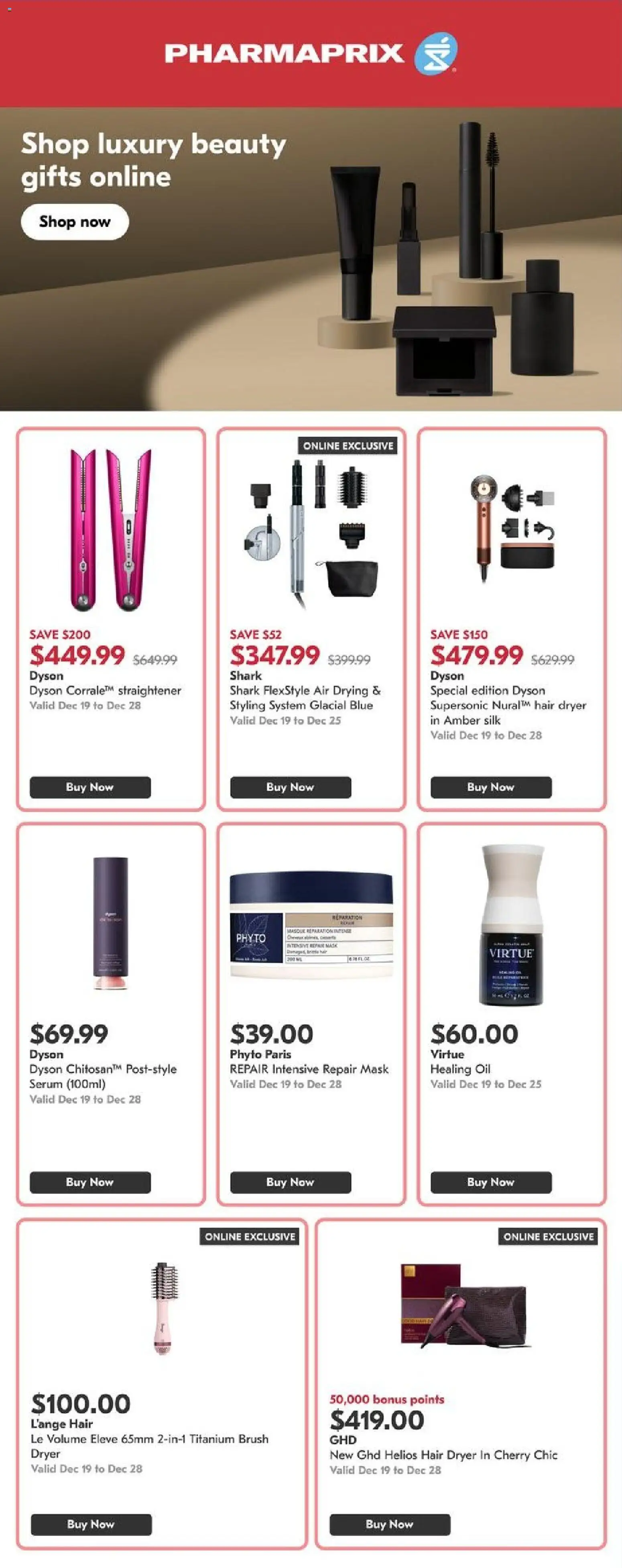 Pharmaprix flyer valid from 19.12.2025 | Page: 1 | Products: Hair dryer, Brush, Hair mask, Hair oil