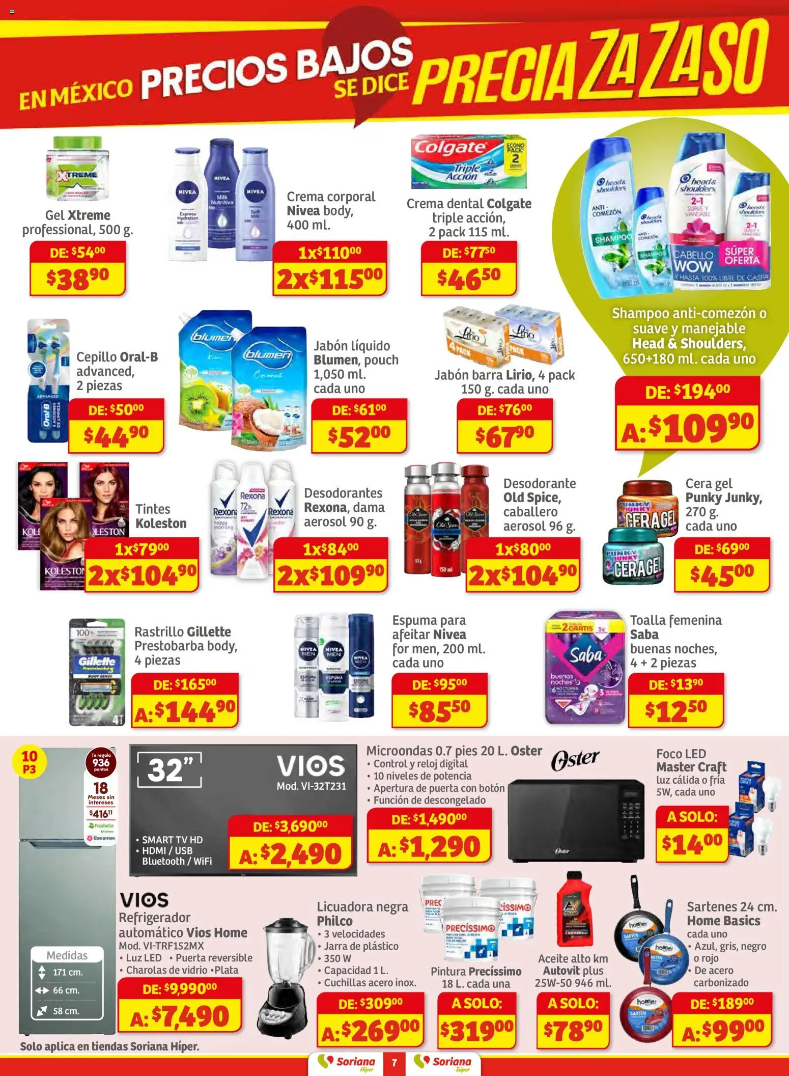 Nuevas ofertas de Soriana válidas en toda la República Mexicana desde el 11.12.2025. ¡Encuentra las mejores ofertas en Soriana - Preciazazaso Súper: Ags, Col, Gto, Jal, Mich! | Página: 7 | Productos: Rastrillo, Cera, Microondas, Pintura