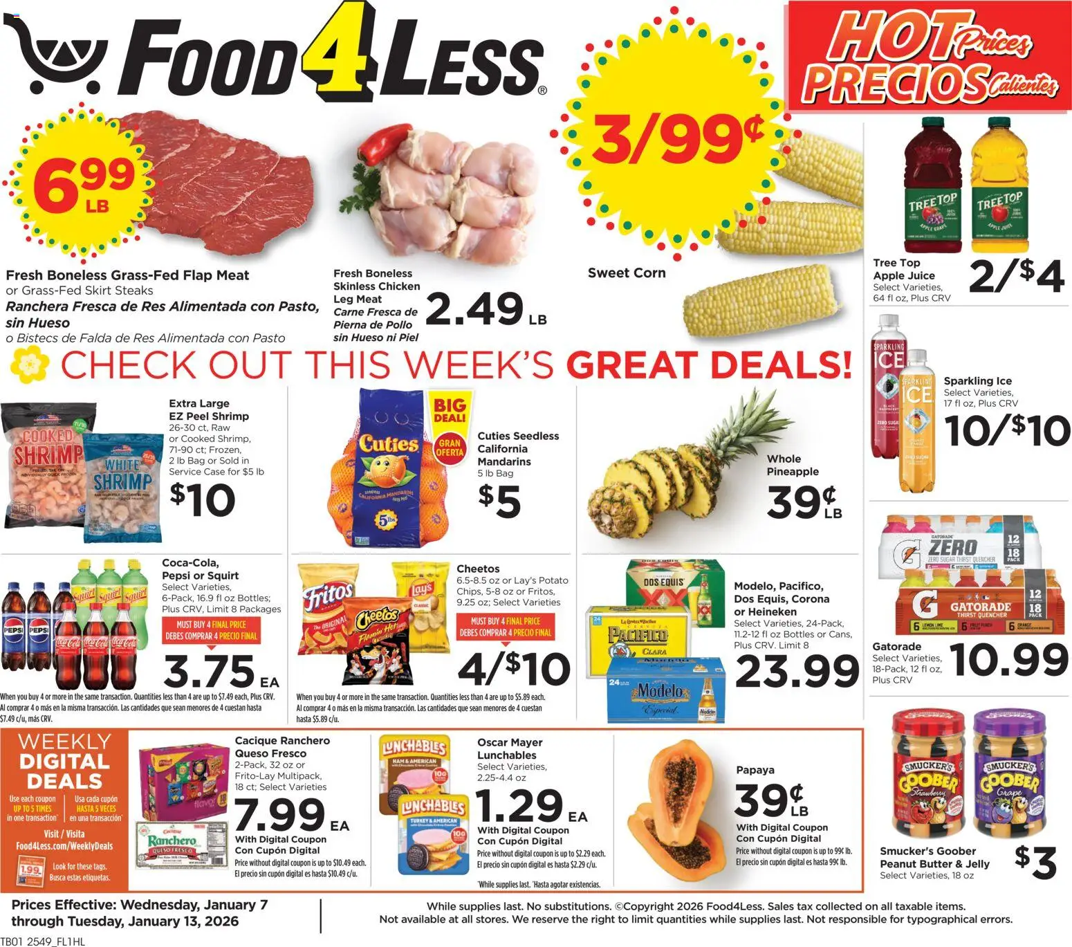 Food 4 Less Weekly Ad - valid from 07.01.2026 | Page: 1 | Products: Corn, Juice, Pineapple, Bag