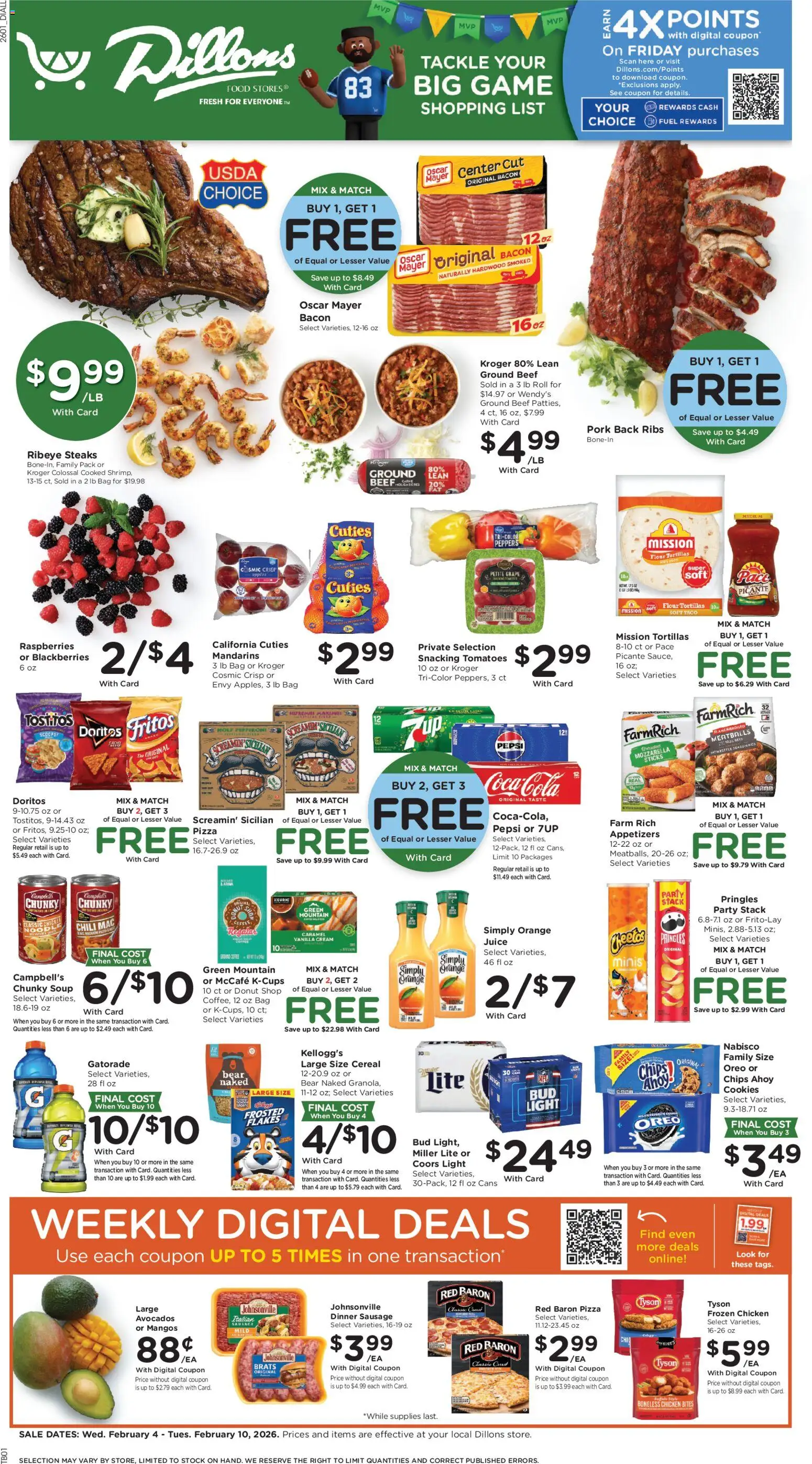 Dillons Weekly Ad - valid from 04.02.2026 | Page: 1 | Products: Pizza, Chips, Game, Bag