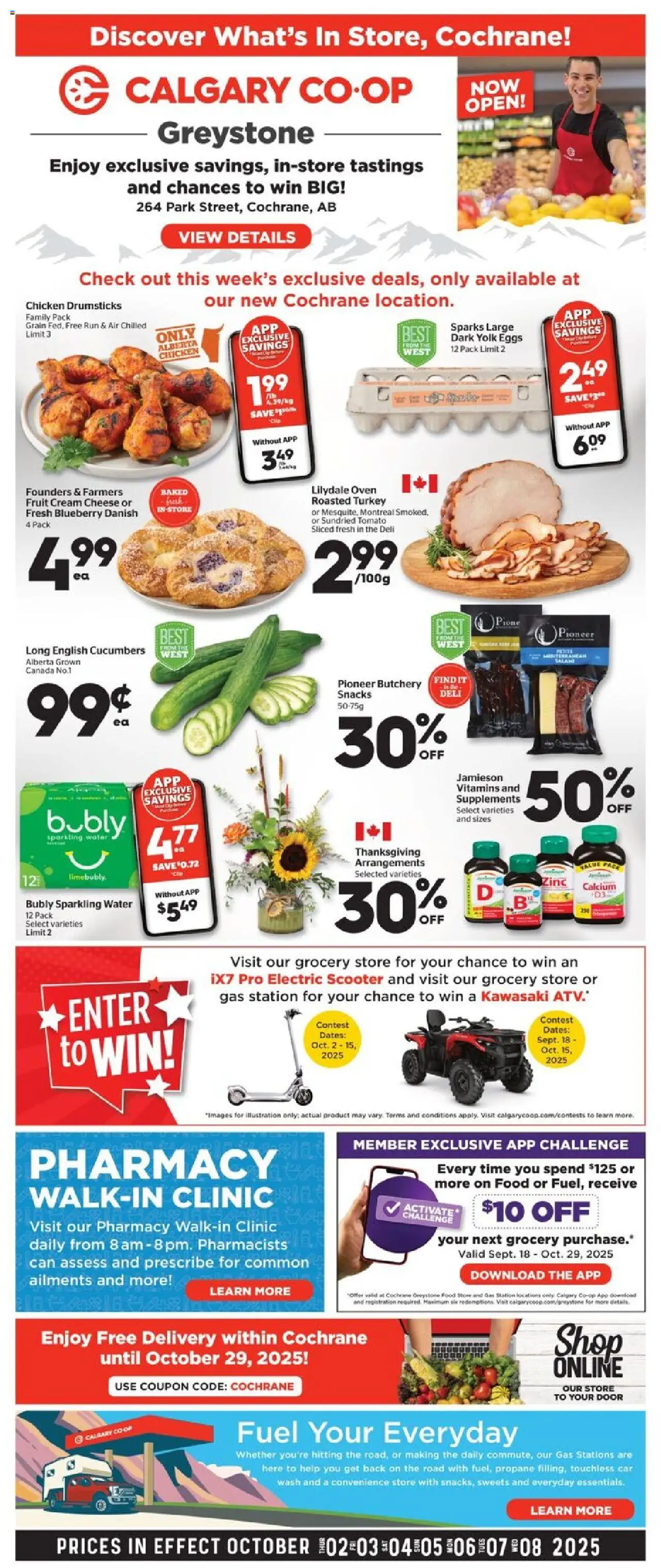 Calgary Co-op flyer valid from 02.10.2025 | Page: 1 | Products: Cucumbers, Turkey, Oven, Cheese