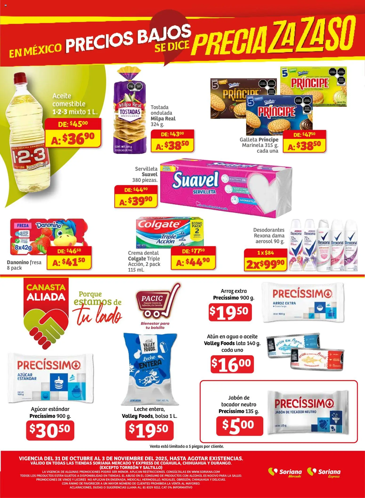 Nuevas ofertas de Soriana válidas en toda la República Mexicana desde el 31.10.2025. ¡Encuentra las mejores ofertas en Soriana - Fin de Semana Mercado: Coah, Chih y Dur! | Página: 3 | Productos: Azúcar, Atún, Aceite, Canasta