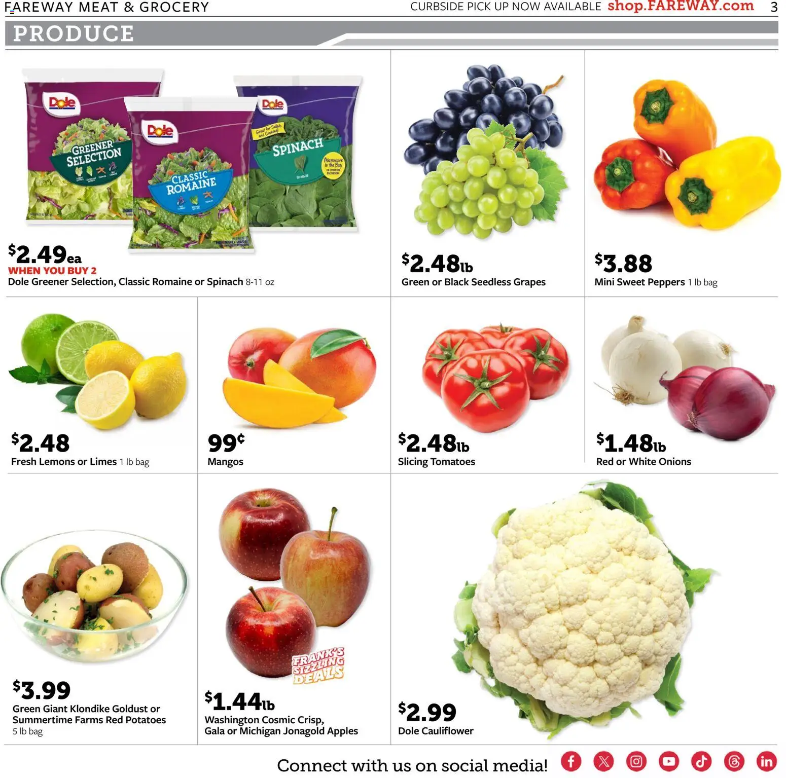 Fareway Weekly Ad - valid from 09.03.2026 | Page: 3 | Products: Spinach, Tomatoes, Potatoes, Cauliflower