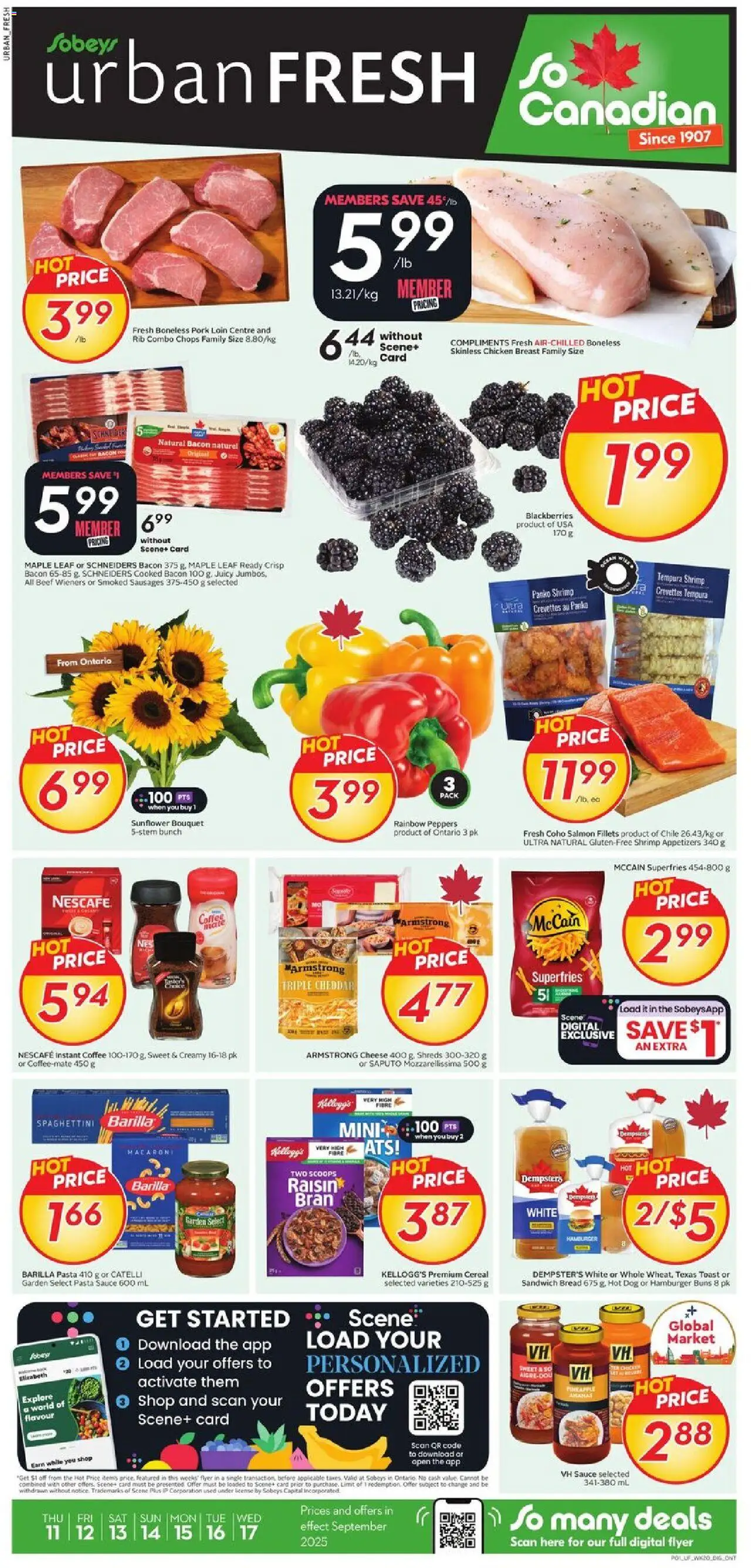 Sobeys flyer valid from 11.09.2025 | Page: 1 | Products: Beef, Pineapple, Pasta, Chicken