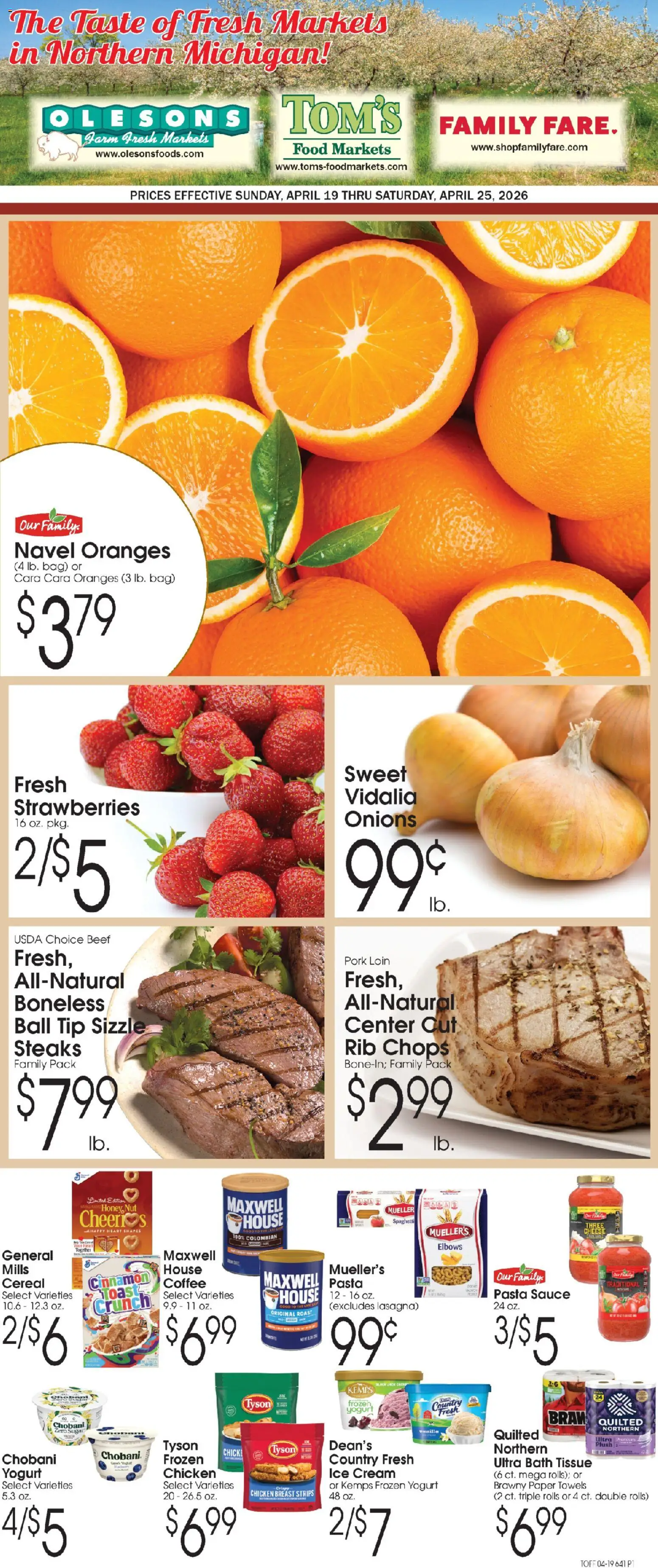 Family Fare Ad - valid from 19.04.2026 | Page: 1 | Products: Oranges, Strawberries, Ice cream, Sauce