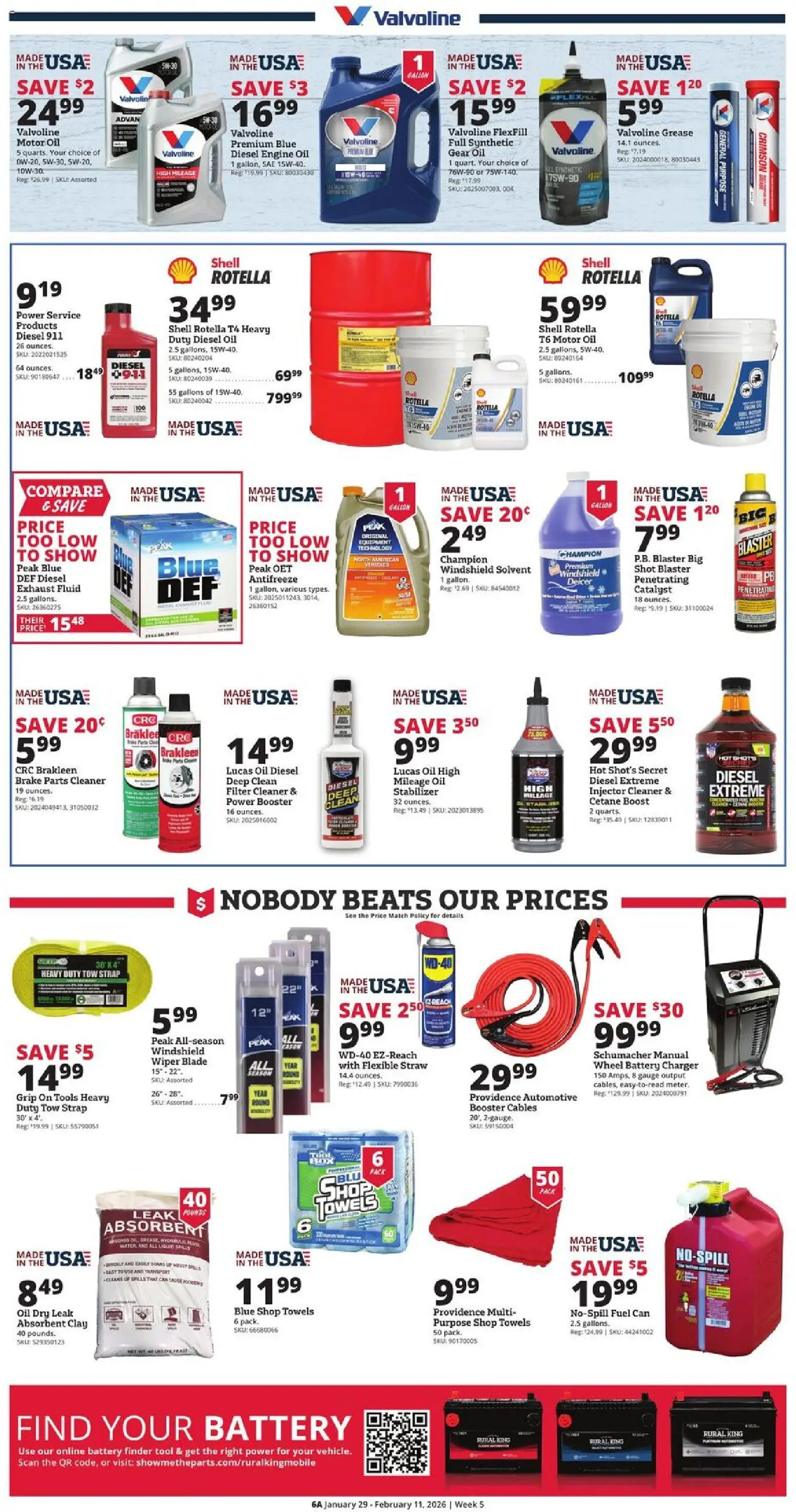 Rural King Weekly Ad - valid from 29.01.2026 | Page: 6 | Products: Battery, Wiper, Water, Motor Oil