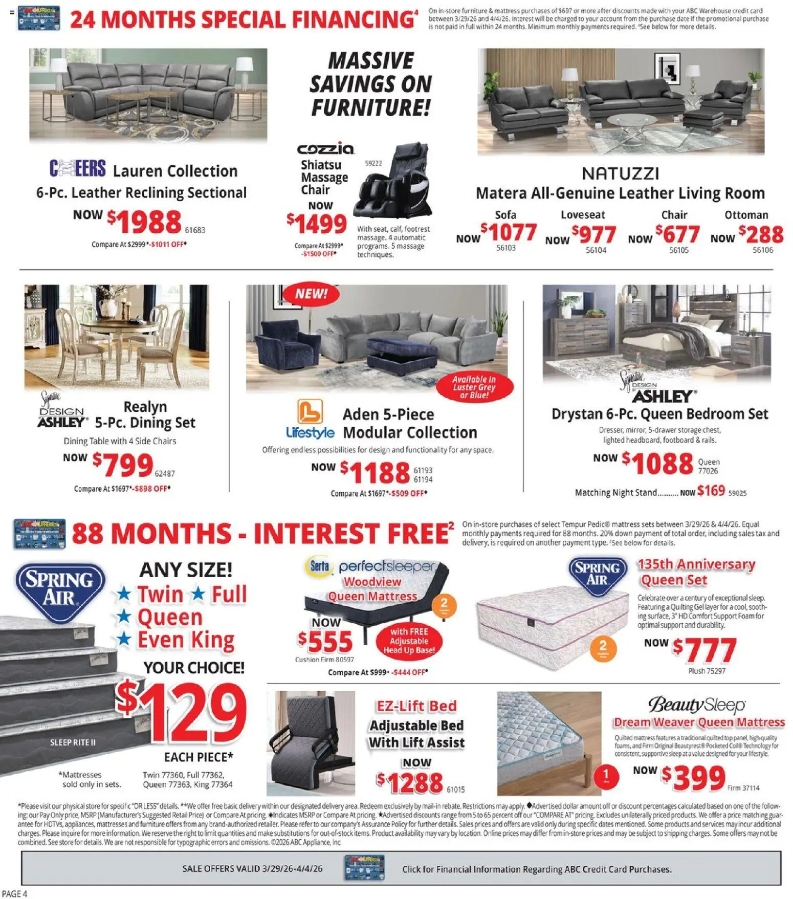 ABC Warehouse Weekly Ad - valid from 29.03.2026 | Page: 4 | Products: Table, Sectional, Cushion, Date