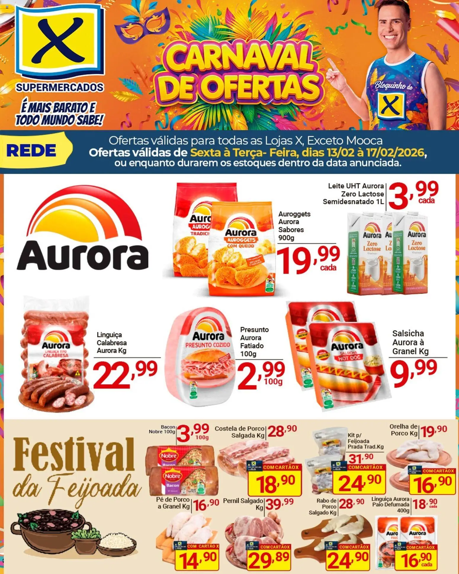 X Supermercados Folheto - válido de 13.02.2026 | Página: 3 | Produtos: Salsicha, Costela de porco, Leite, Presunto