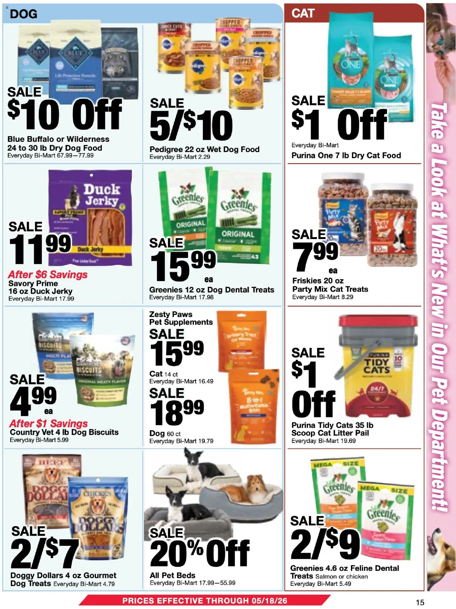 Bi-Mart Membership Savings Book - valid from 28.04.2026 | Page: 15 | Products: Dog Treats, Dog Food, Cat Food, Cat Litter