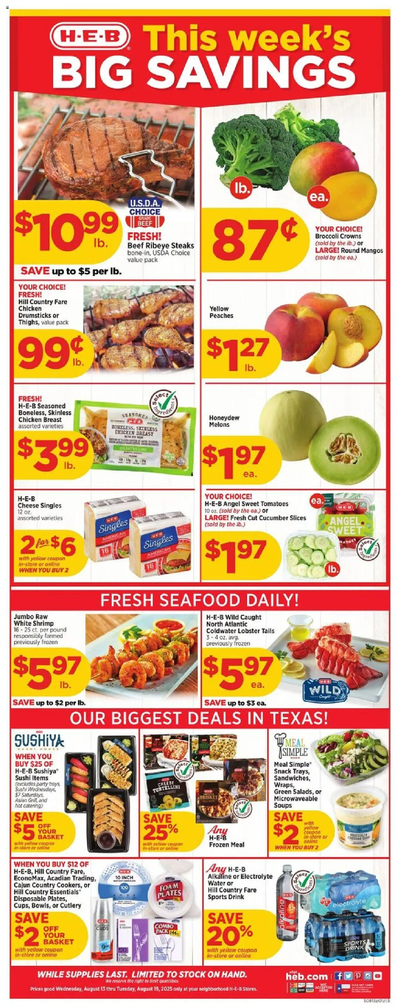 H-E-B Weekly Ad - valid from 13.08.2025 | Page: 1 | Products: Peaches, Basket, Crowns, Seafood