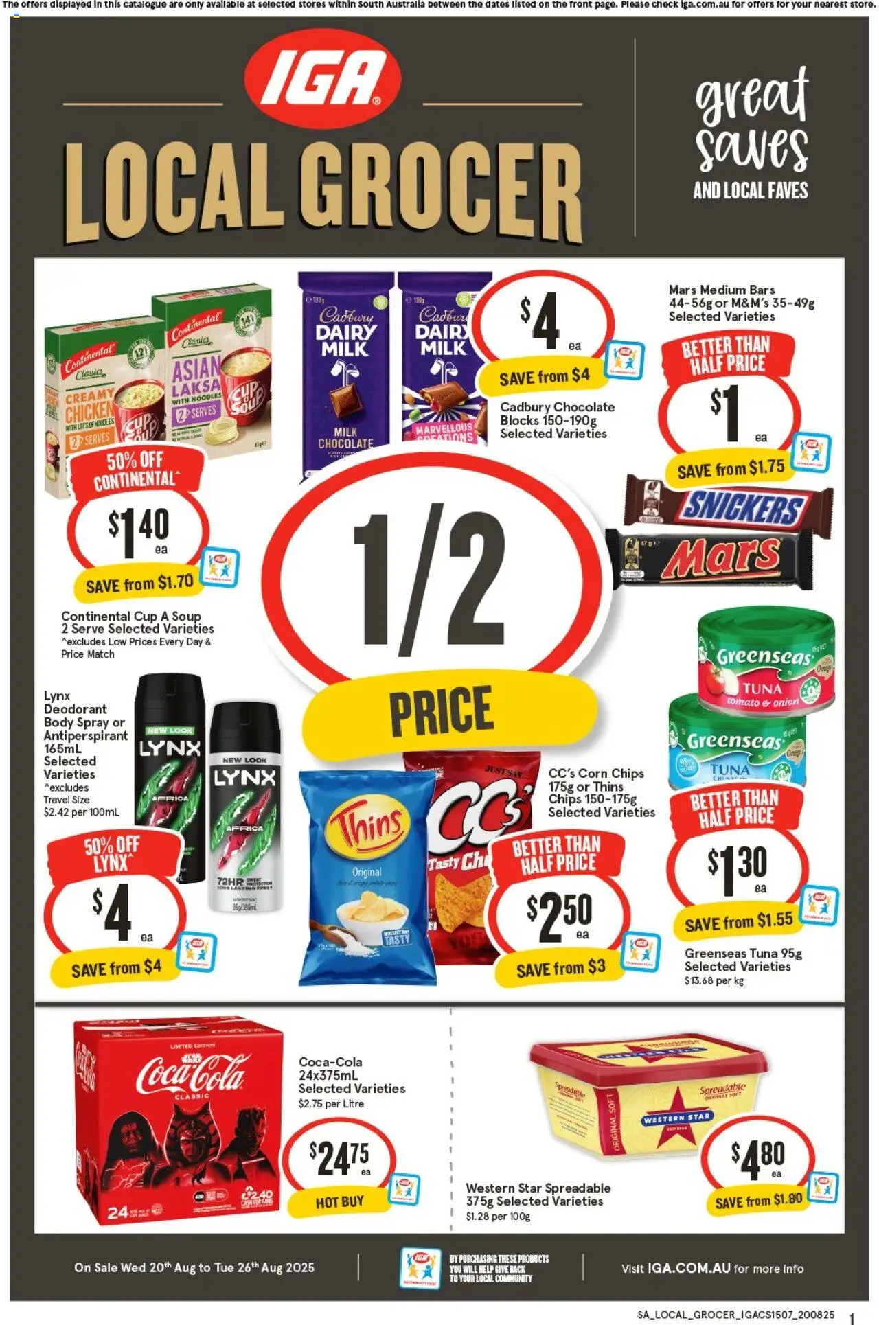 IGA catalogue - valid from 20.08.2025 | Page: 1 | Products: Chocolate, Chicken, Noodles, Tuna