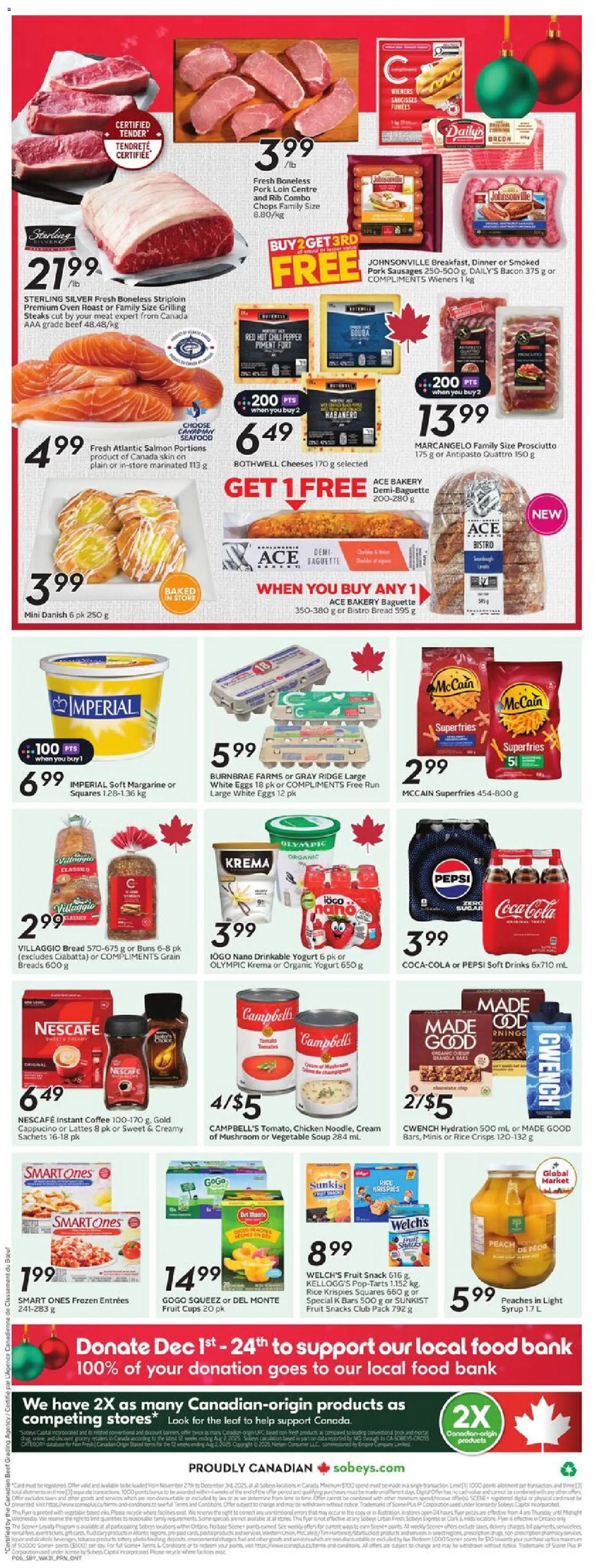 Sobeys flyer valid from 27.11.2025 | Page: 4 | Products: Cream, Yogurt, Bread, Coffee