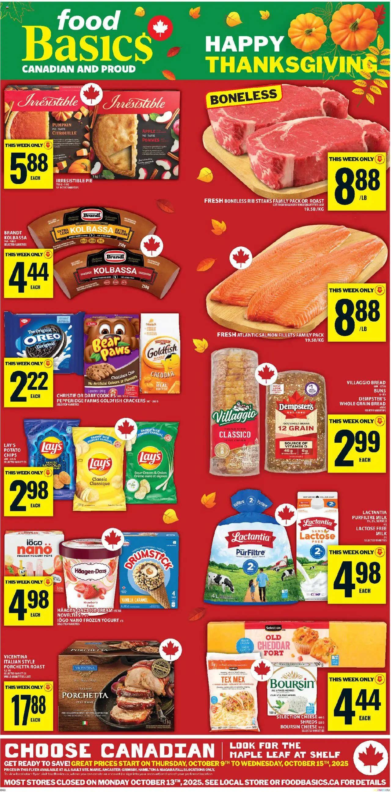 Food Basics flyer valid from 09.10.2025 | Page: 1 | Products: Chips, Cheese, Bread, Pumpkin