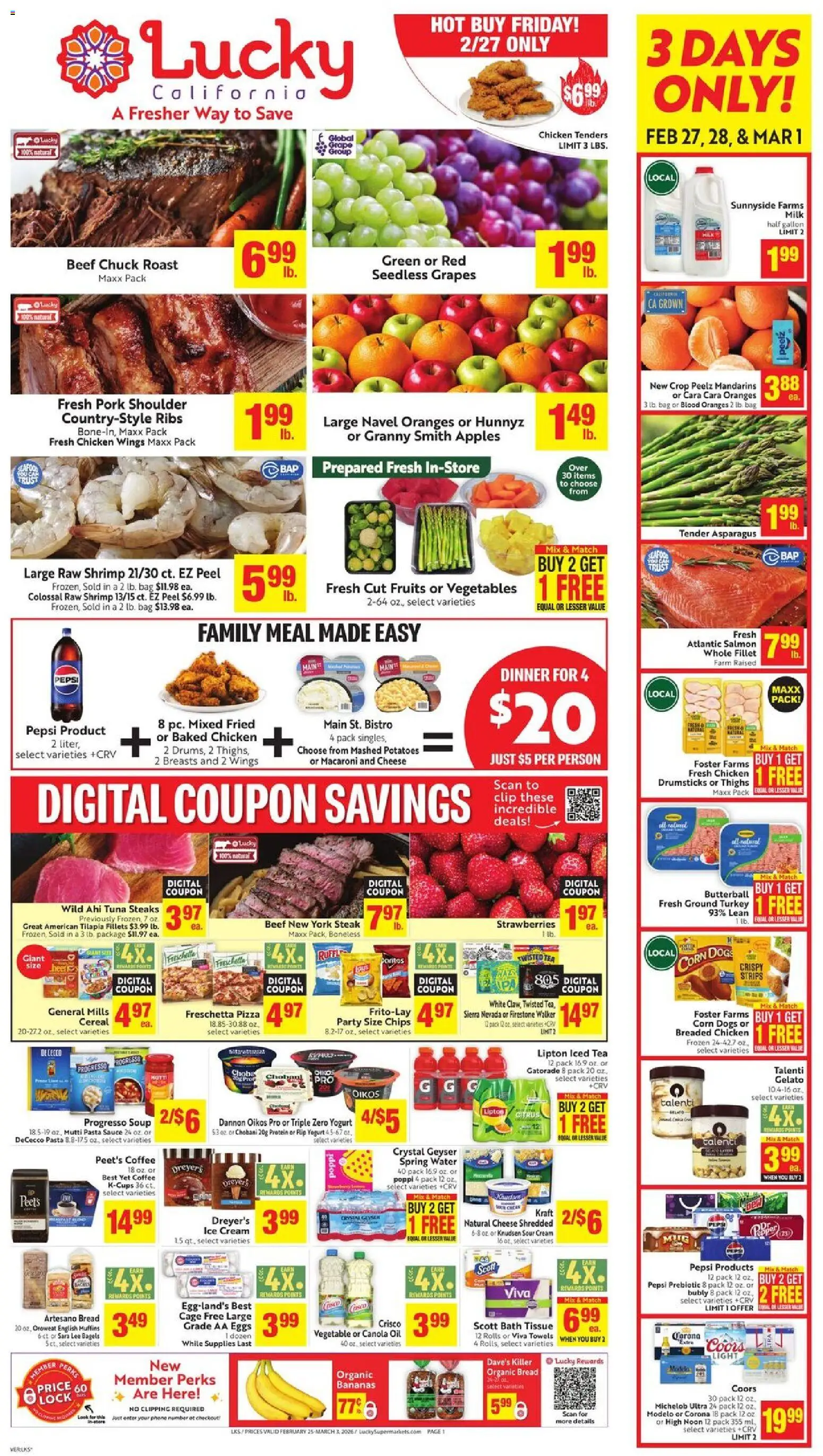 Lucky Supermarkets Weekly - CA - valid from 25.02.2026 | Page: 1 | Products: Corn, Yogurt, Pizza, Phone