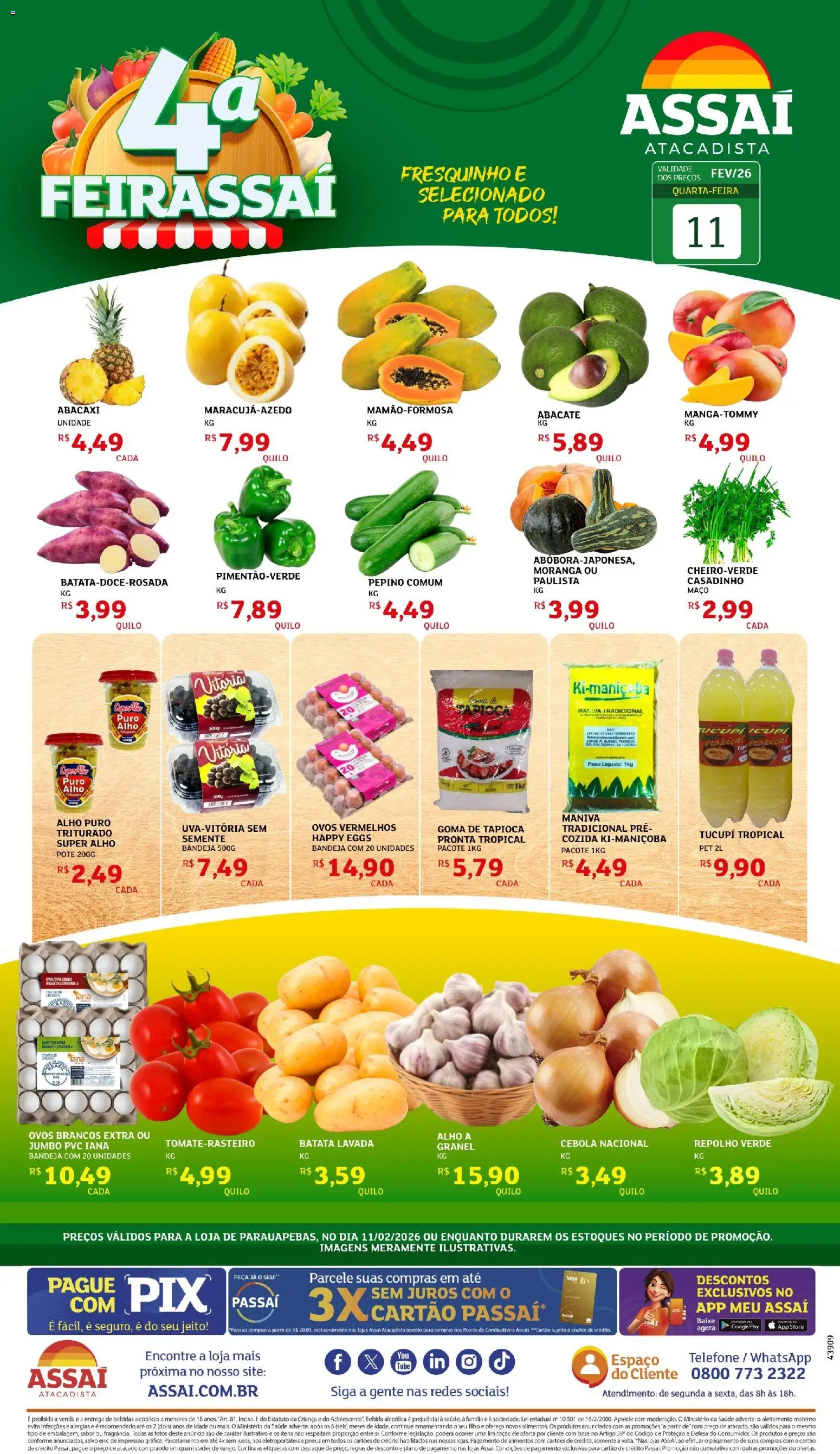 Assaí Atacadista Folheto - válido de 11.02.2026 | Página: 1 | Produtos: Alho, Repolho, Bebida, Bandeja