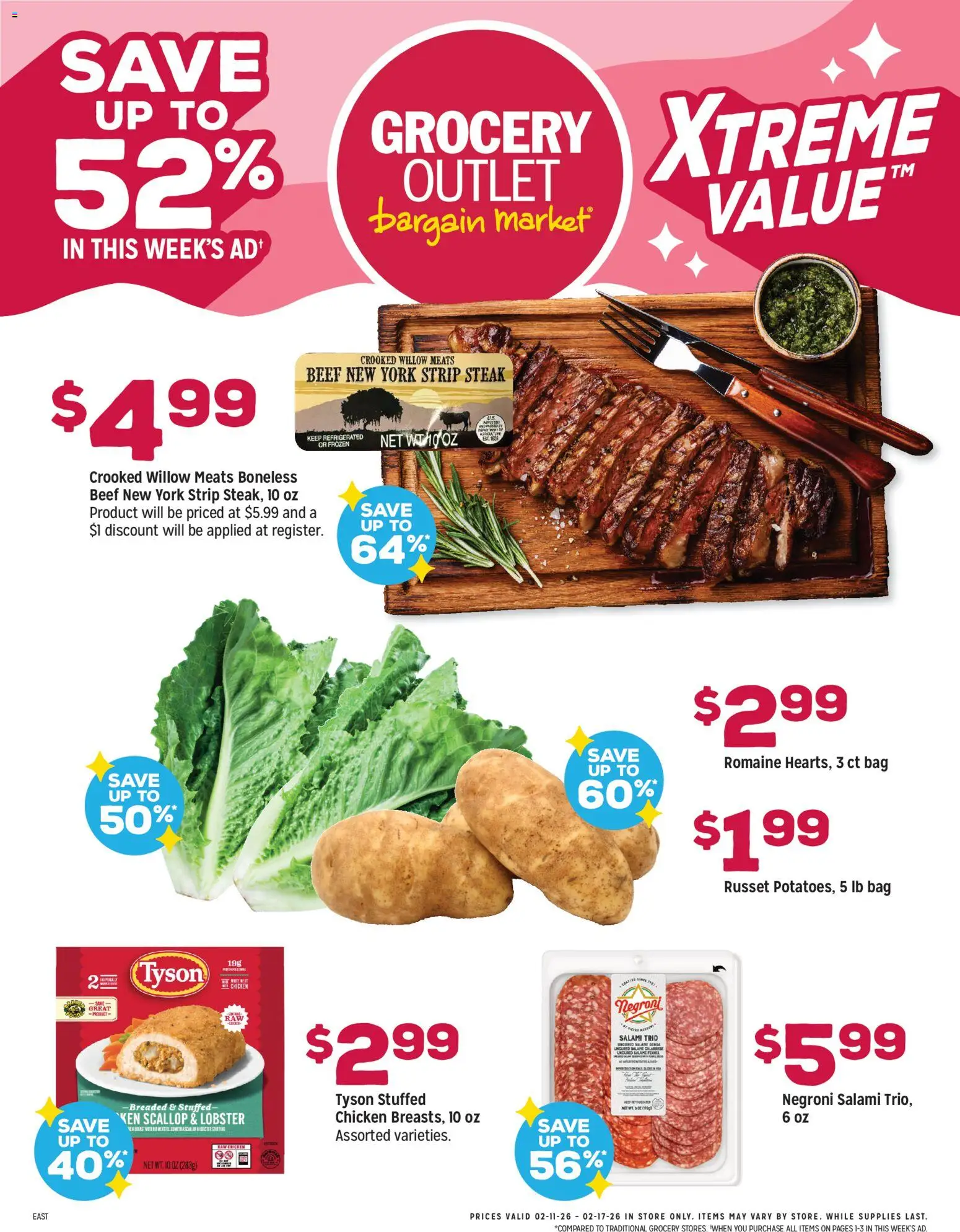 Grocery Outlet Weekly Ad - PA - valid from 11.02.2026 | Page: 1 | Products: Romaine, Salami, Beef, Bag