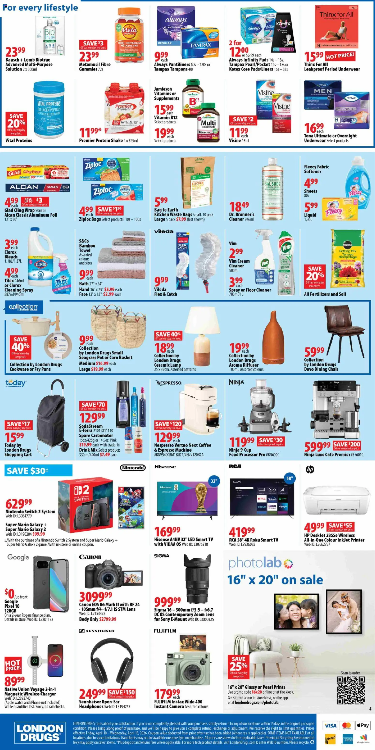London Drugs flyer valid from 10.04.2026 | Page: 4 | Products: Cream, Chair, Bath, Basket