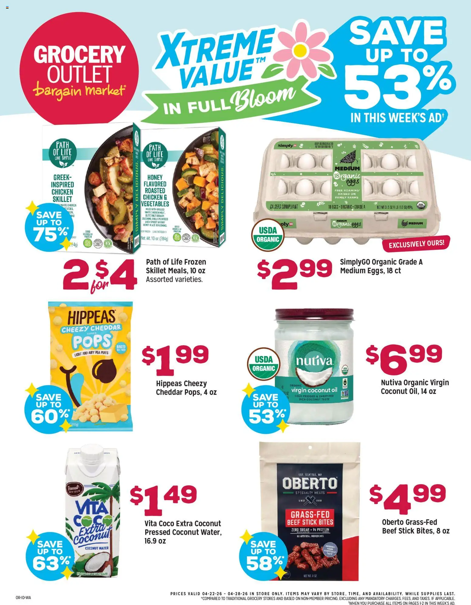 Grocery Outlet Weekly Ad - ID - valid from 22.04.2026 | Page: 1 | Products: Squash, Beef, Potatoes, Pea