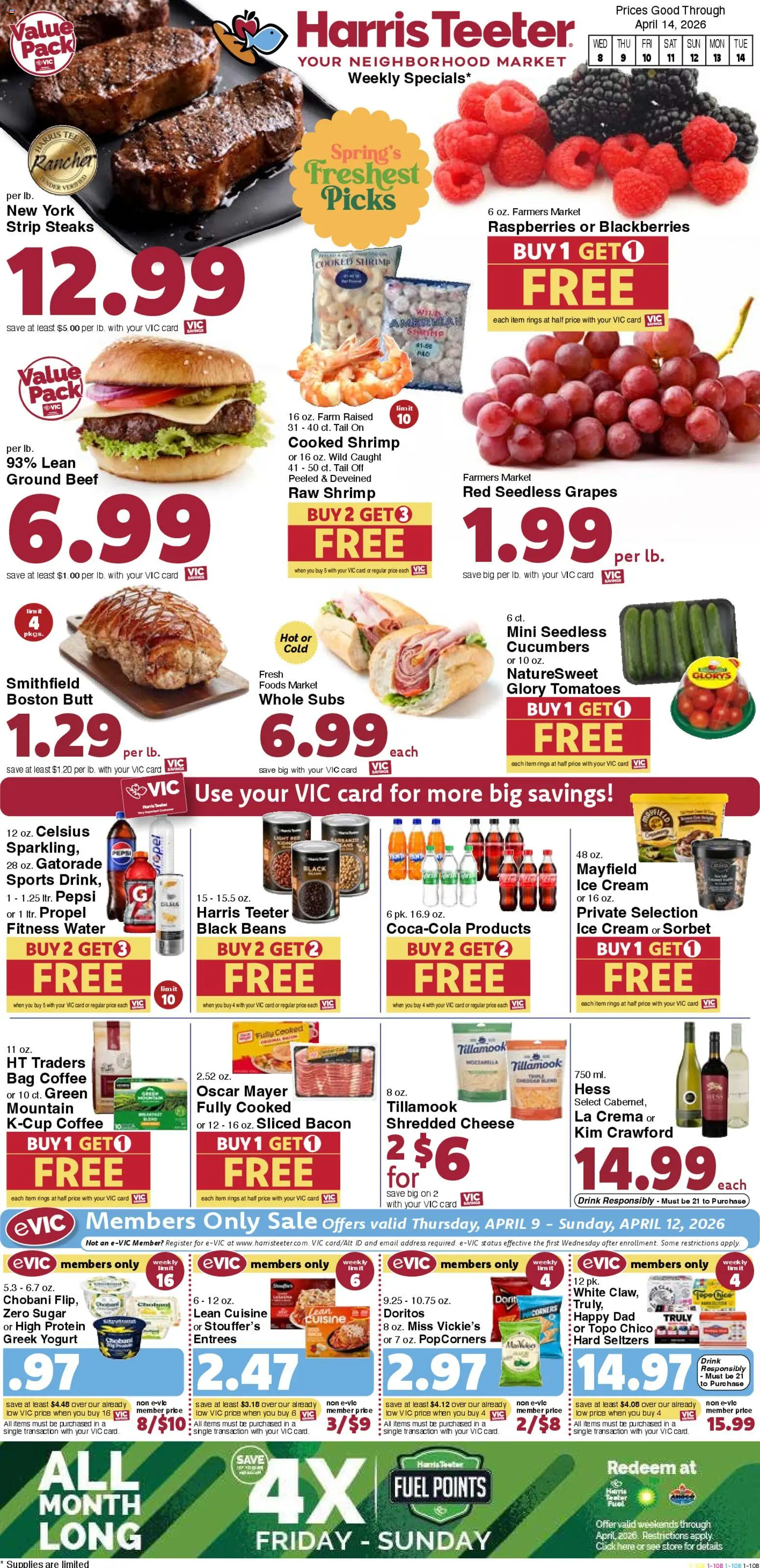 Harris Teeter Weekly Ad - SC - valid from 08.04.2026 | Page: 1 | Products: Tomatoes, Ice cream, Water, Bag