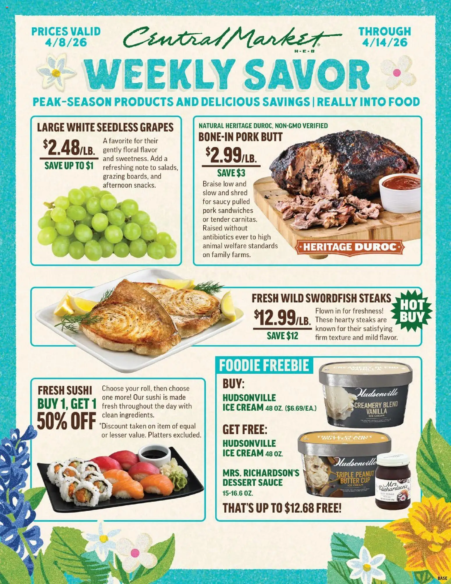 Central Market Weekly Ad - valid from 08.04.2026 | Page: 1 | Products: Pork, Cream, Ice cream, Grapes
