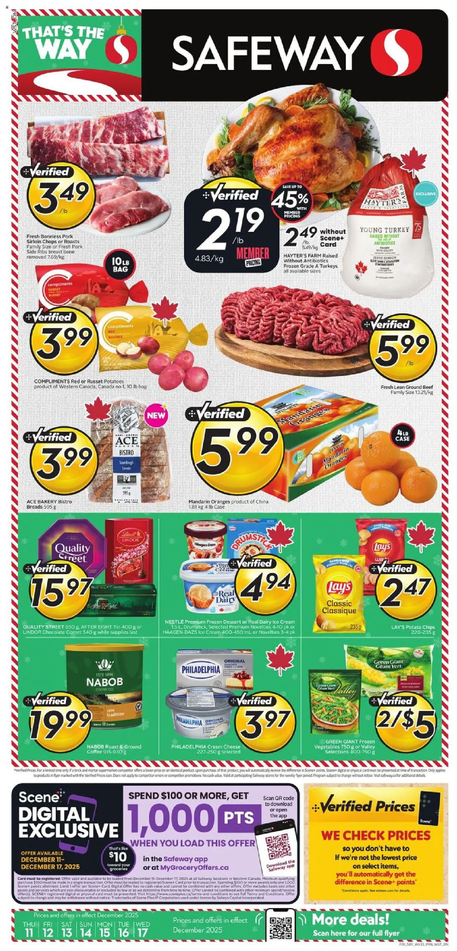 Safeway flyer valid from 11.12.2025 | Page: 1 | Products: Chips, Cream, Bakery, Coffee
