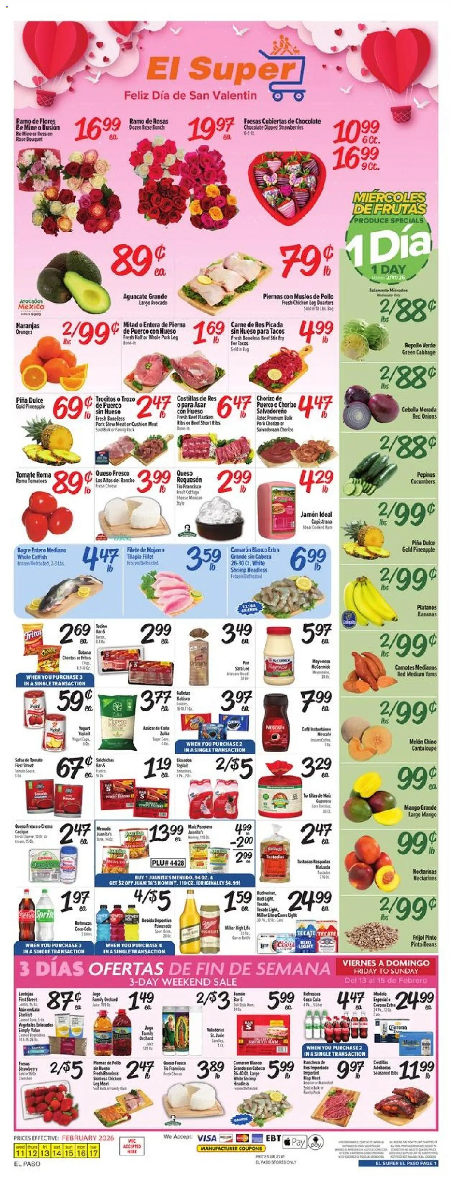 El Super Weekly Ad - TX - valid from 11.02.2026 | Page: 1 | Products: Pork, Bananas, Cucumbers, Avocado