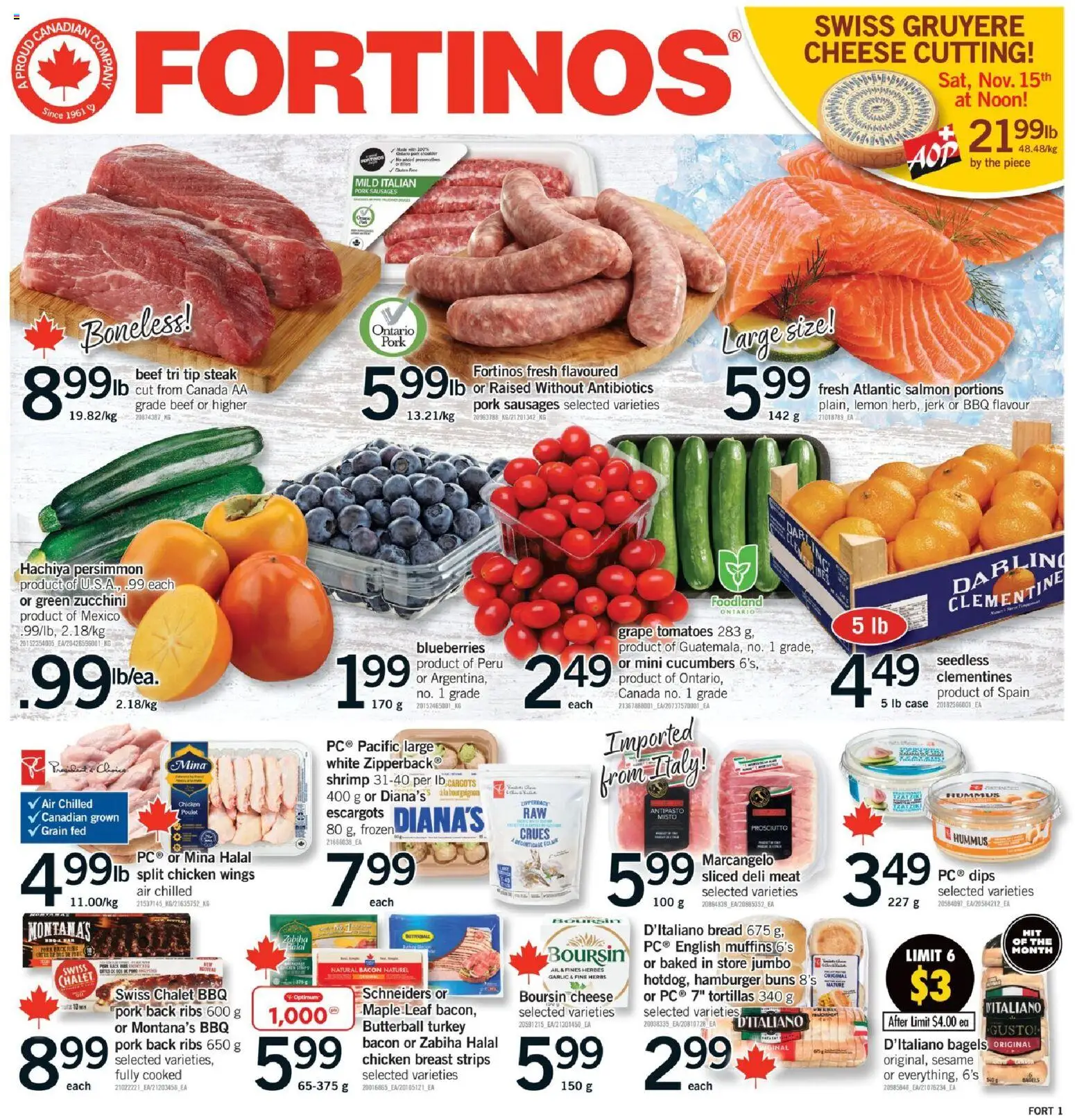 Fortinos flyer valid from 13.11.2025 | Page: 1 | Products: Beef, Cucumbers, Bread, Pork