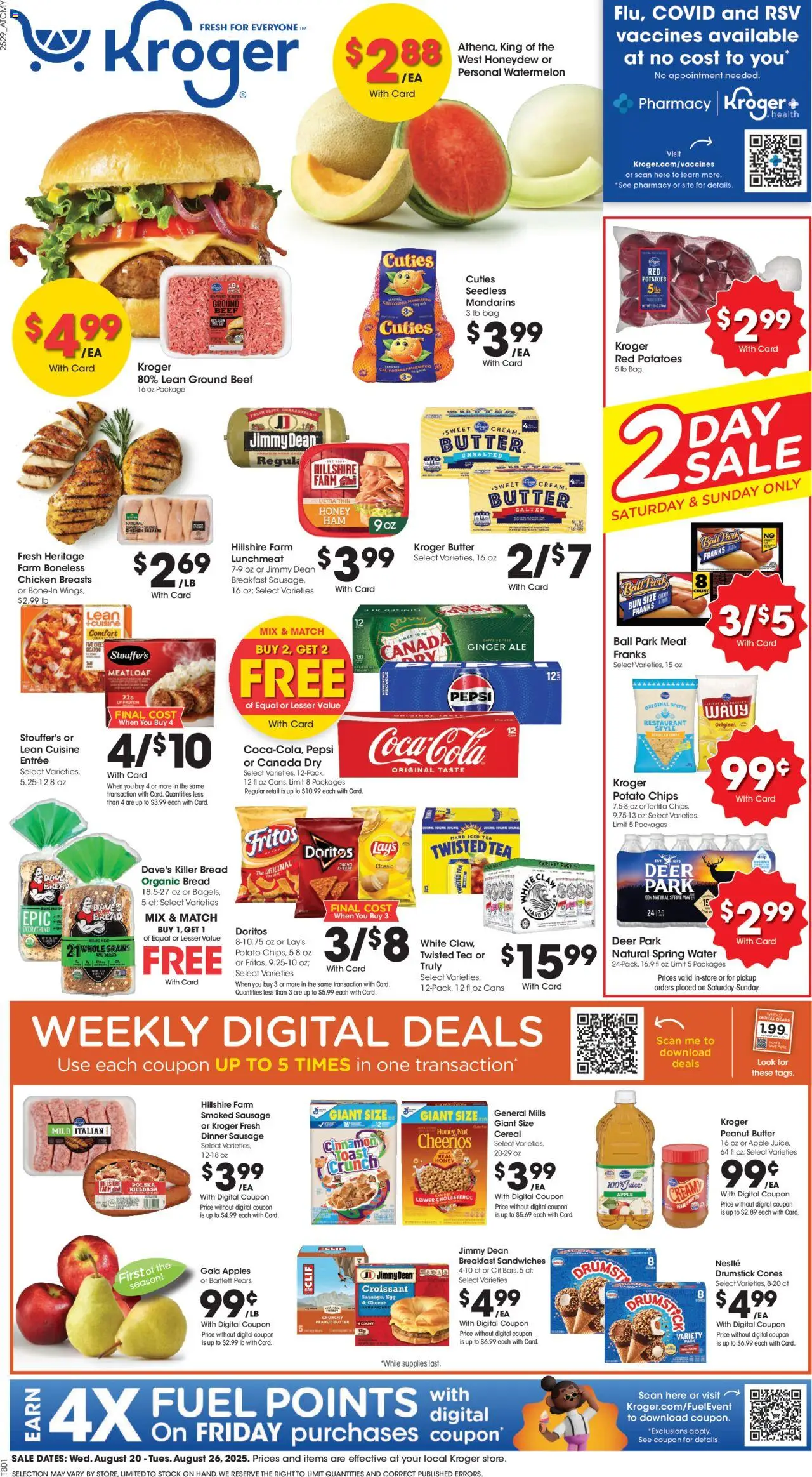 Kroger Weekly Ad - valid from 20.08.2025 | Page: 1 | Products: Mandarins, Cheese, Tea, Water