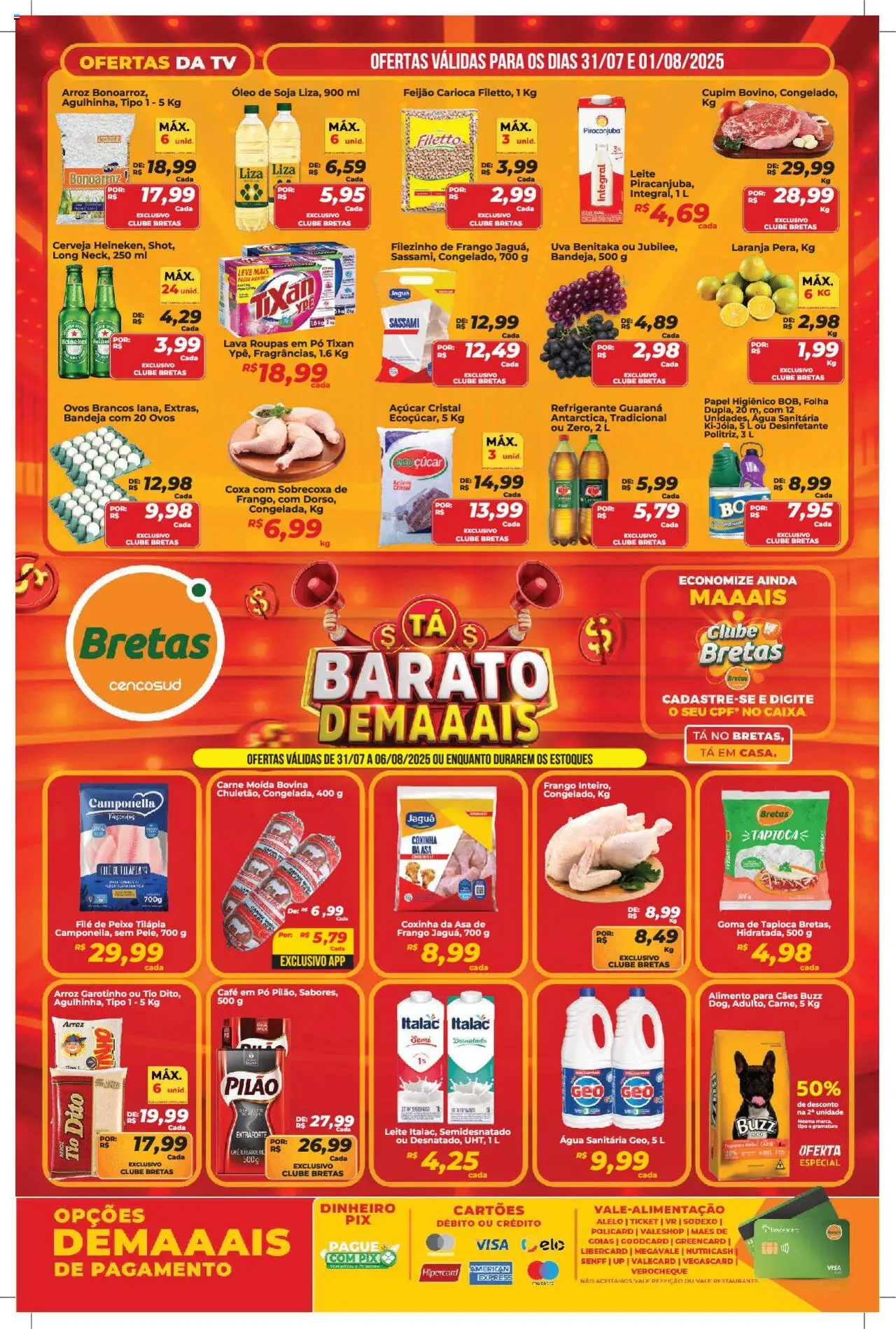 Bretas Folheto - válido de 31.07.2025 | Página: 1 | Produtos: Feijão, Pó, Leite, Desinfetante