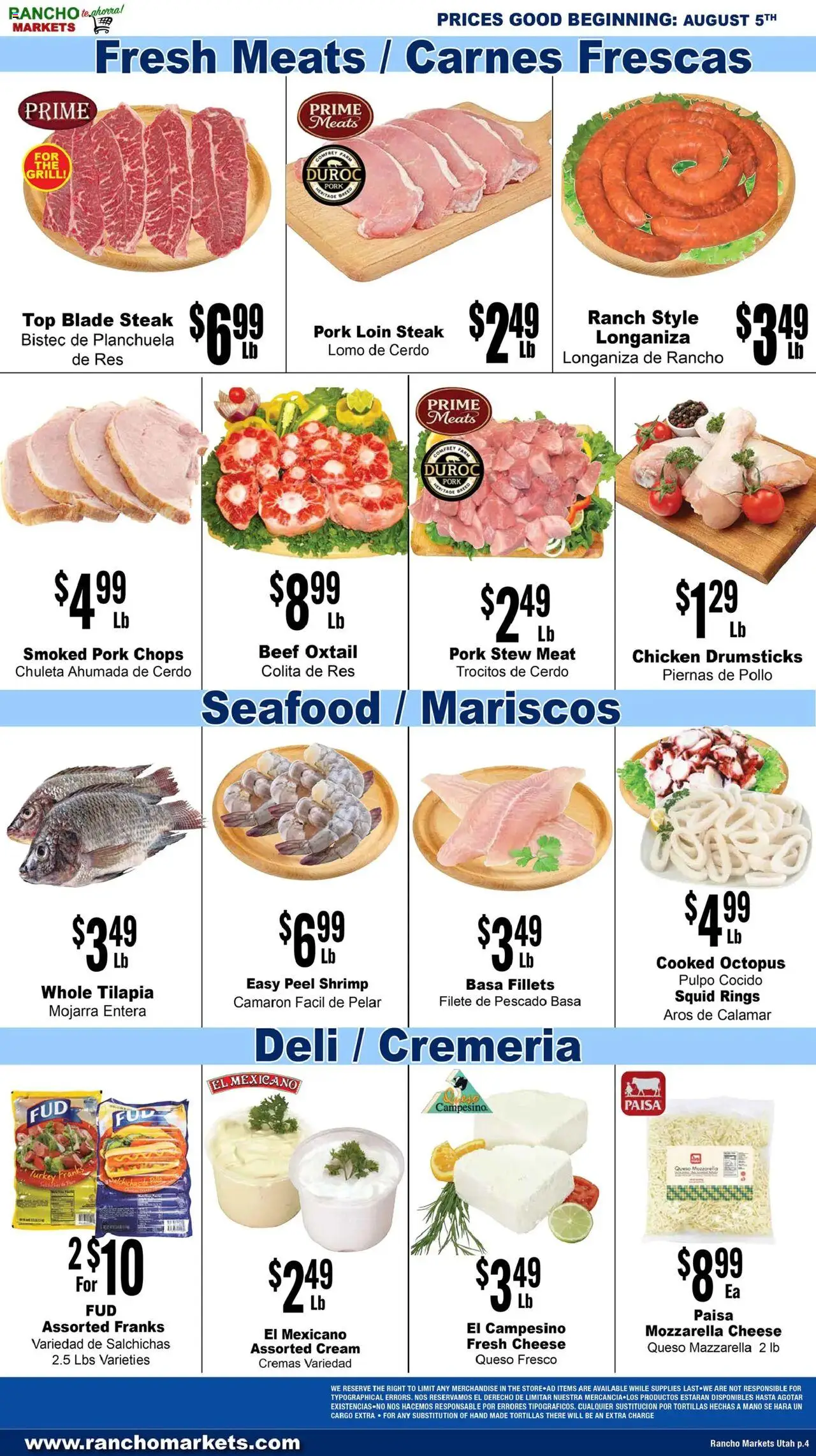 Rancho Markets Weekly Ad - valid from 05.08.2025 | Page: 4 | Products: Cheese, Beef, Seafood, Grill