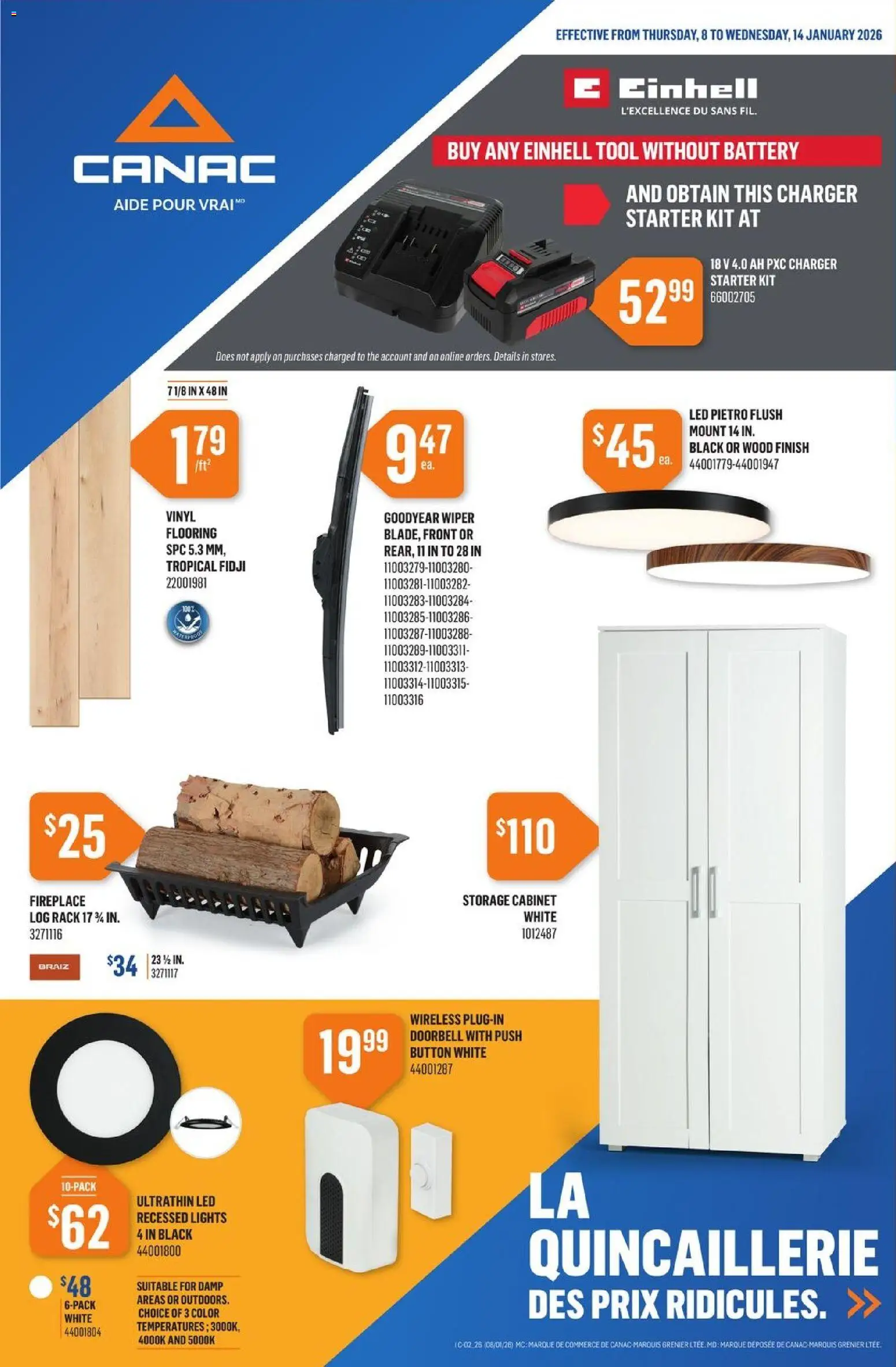 Canac flyer valid from 08.01.2026 | Page: 1 | Products: Cabinet, Battery