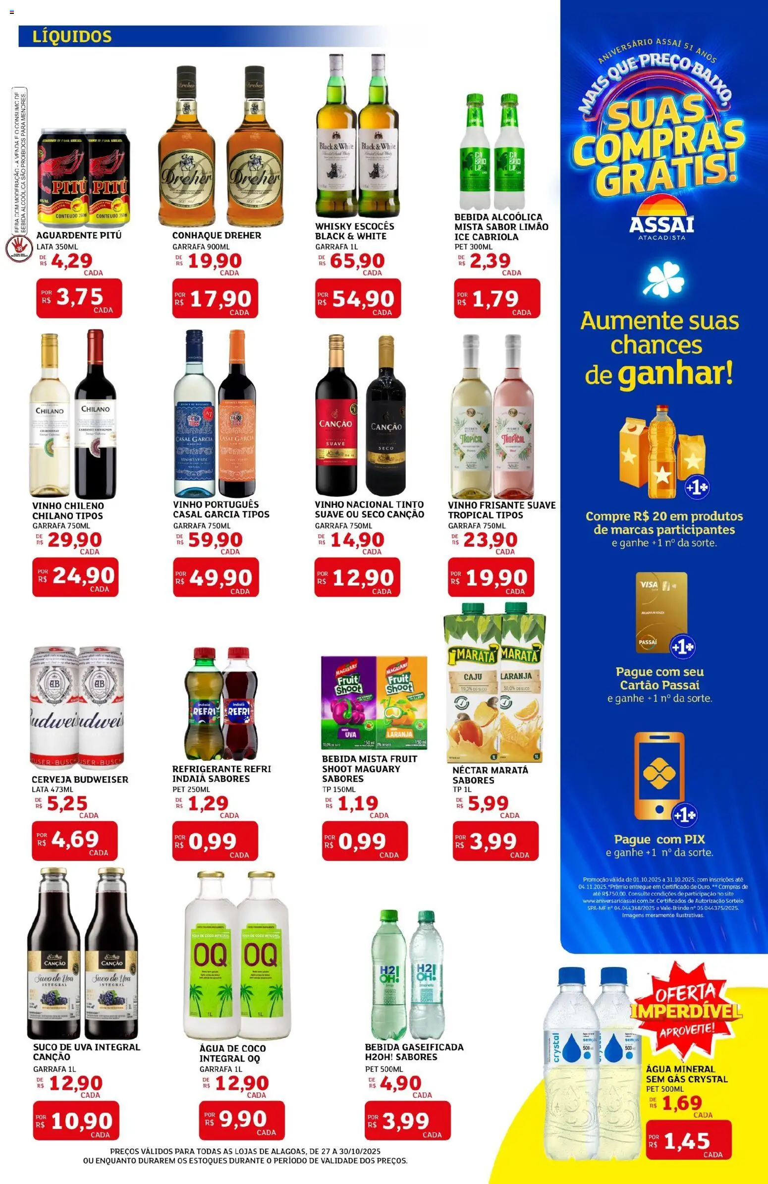 Assaí Atacadista Folheto - válido de 27.10.2025 | Página: 5 | Produtos: Água de coco, Conhaque, Suco, Água mineral