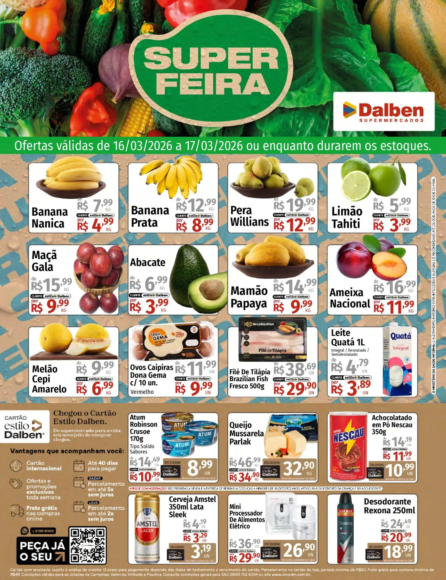Supermercado Dalben Folheto - válido de 16.03.2026 | Página: 1 | Produtos: Pera, Processador, Queijo, Filé de tilápia