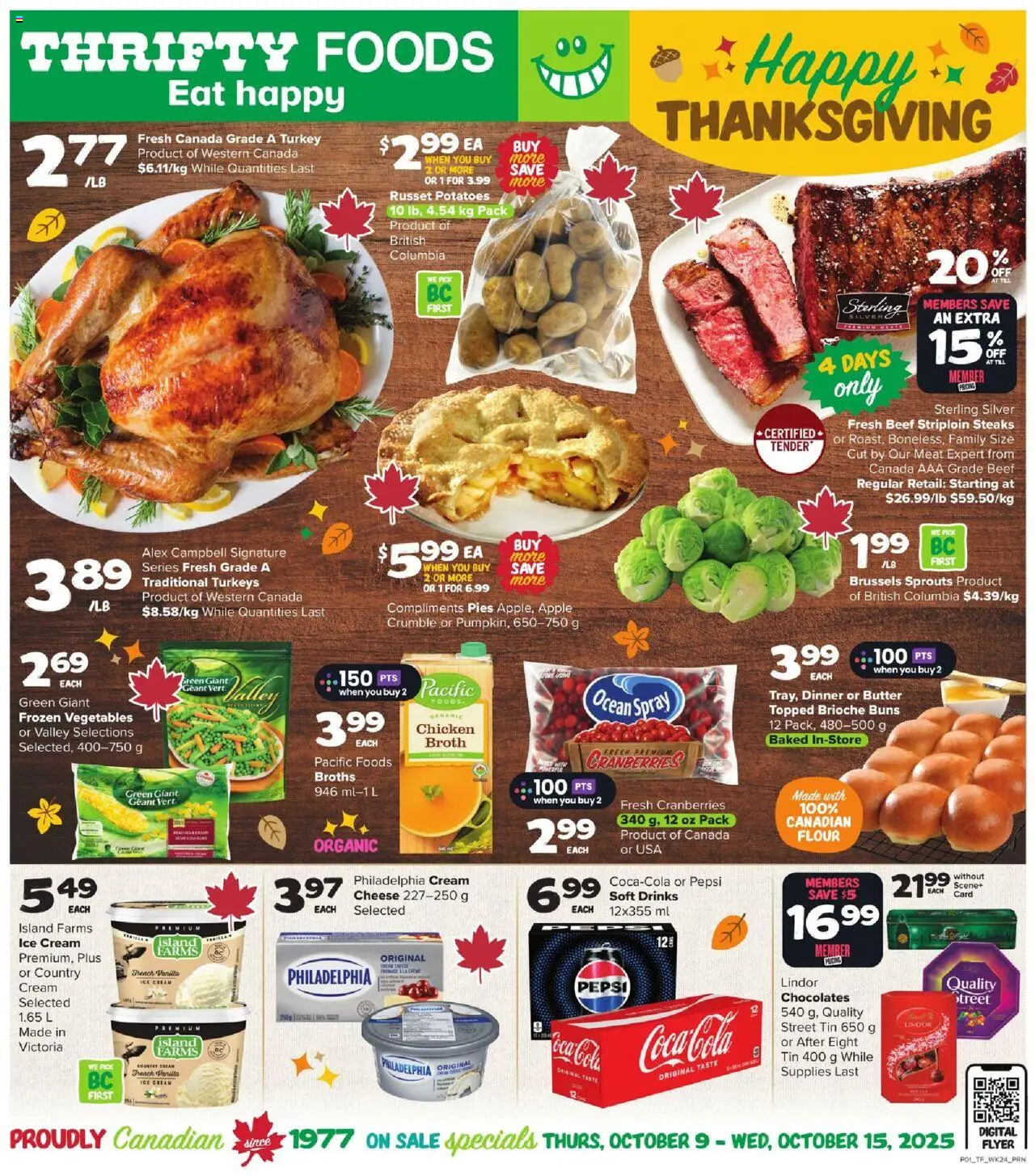 Thrifty Foods flyer valid from 09.10.2025 | Page: 1 | Products: Beef, Cream, Potatoes, Cheese