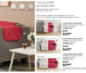 Vista previa de Cubre sillón 1 plaza guinda, Poliéster. 1.70 m x 55 cm + 62 cm de cada cubre brazo. (192469) 43 pts, nuevo folleto de la tienda, válido en México a partir del 30.01.2026 | Página: 83 | Productos: Sillón, Repelente, Sobre