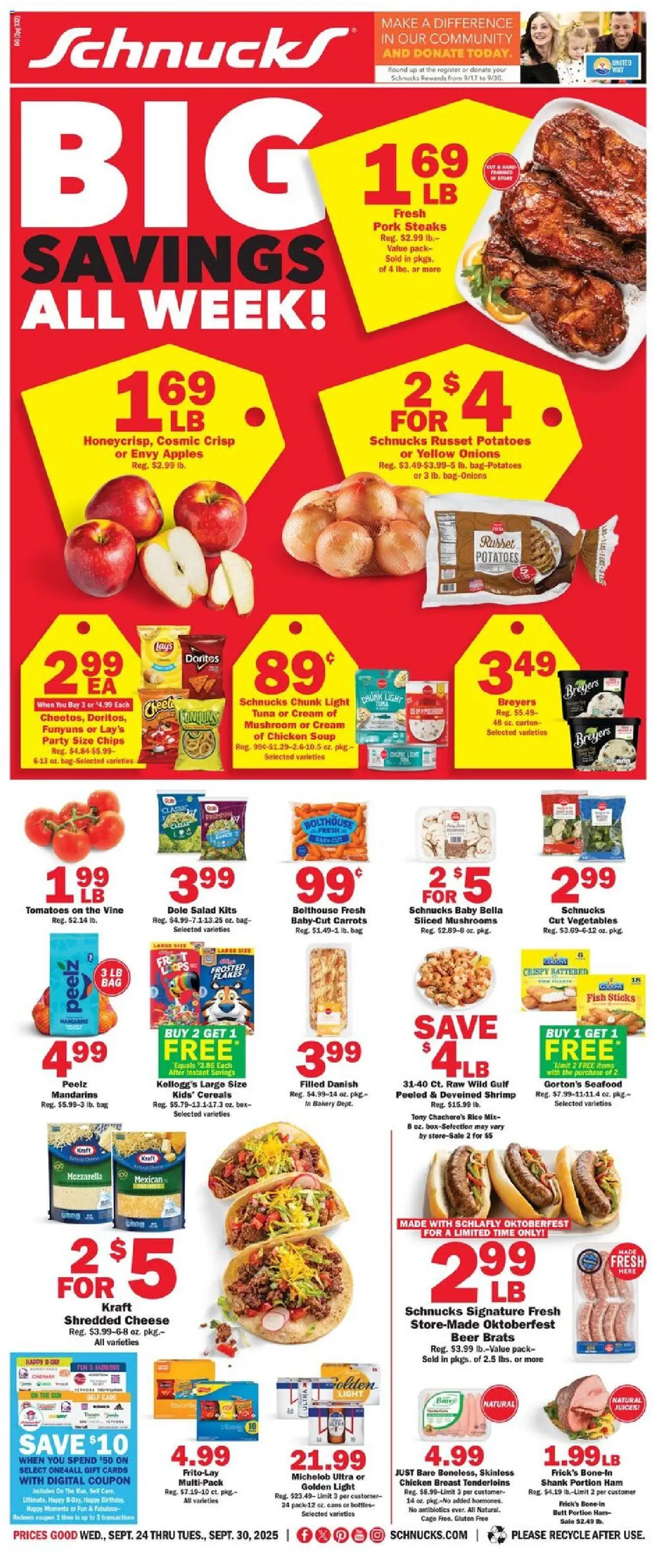 Schnucks Weekly Print Ad - MO - valid from 24.09.2025 | Page: 1 | Products: Fish, Salad, Vegetables, Seafood