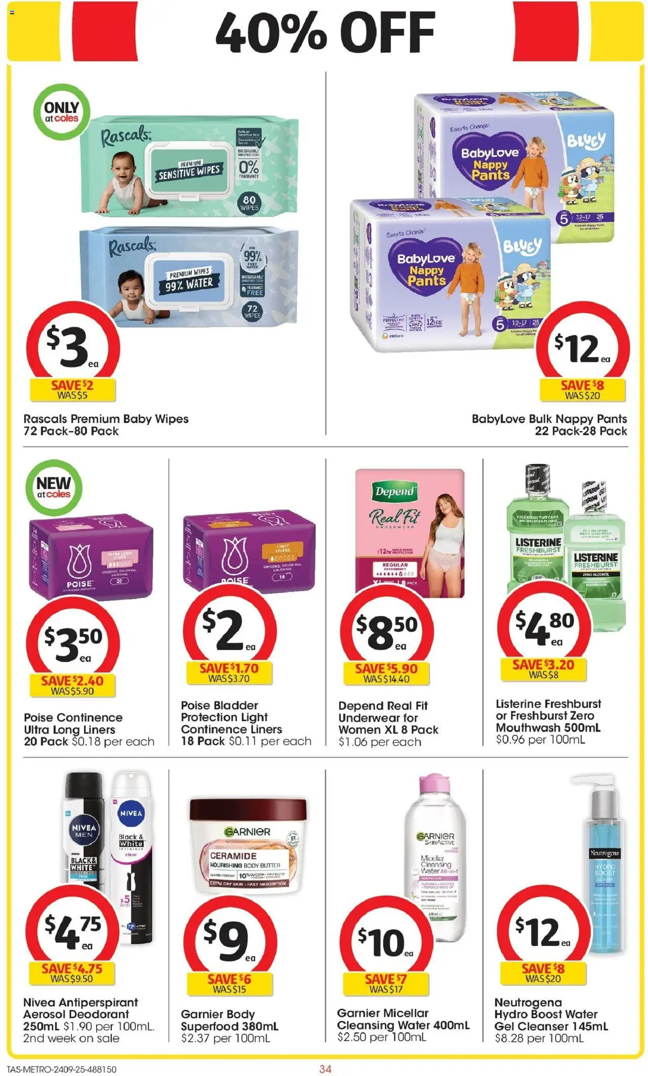 Coles catalogue - valid from 24.09.2025 | Page: 34 | Products: Antiperspirant, Body butter, Water, Pants