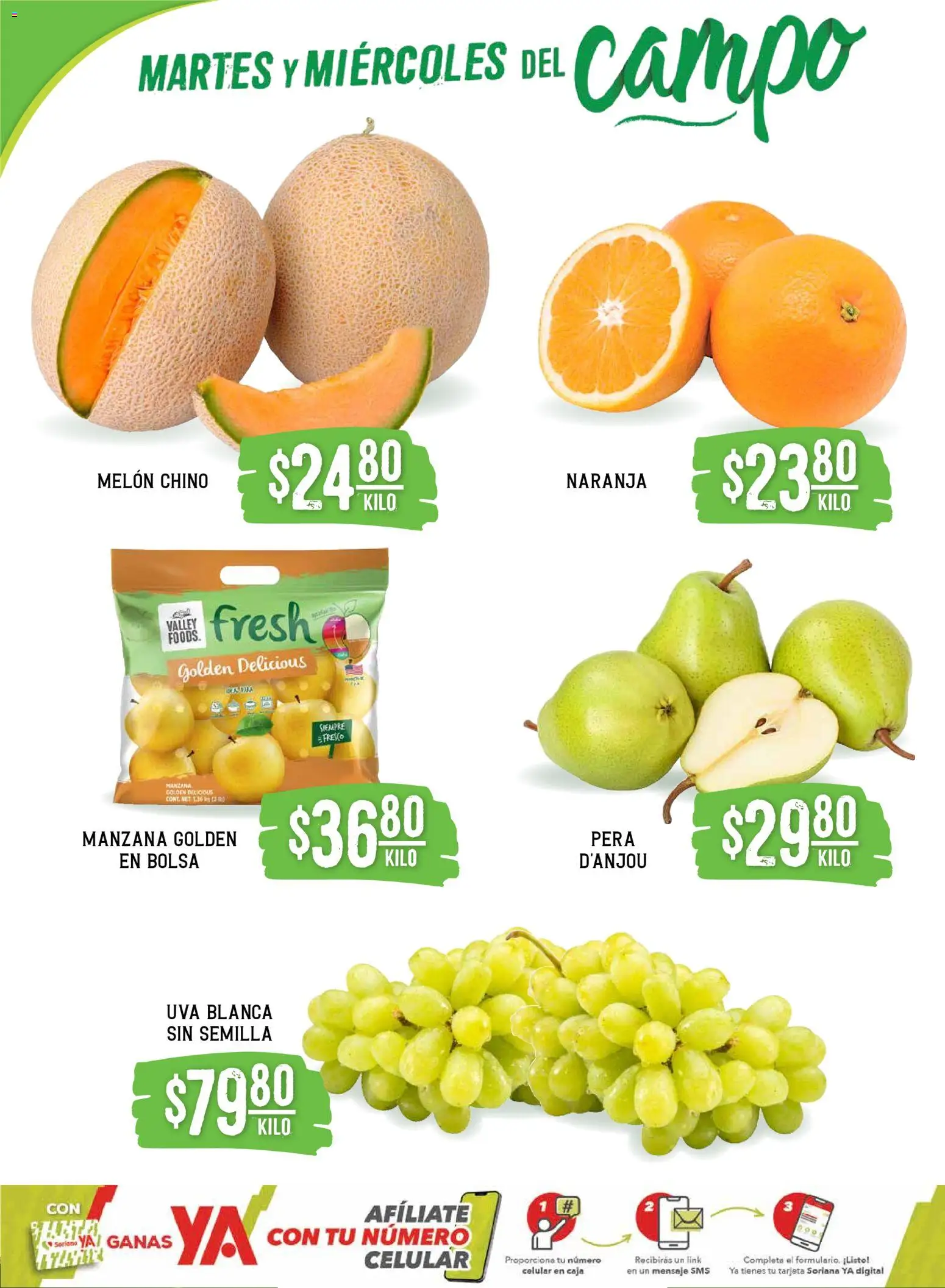 Nuevas ofertas de Soriana válidas en toda la República Mexicana desde el 25.11.2025. ¡Encuentra las mejores ofertas en Soriana - Martes y Miércoles del Campo Súper: Ver, Tab, Chis, Camp, Yuc y Q. Roo! | Página: 2 | Productos: Pera, Melón, Manzana, Uva