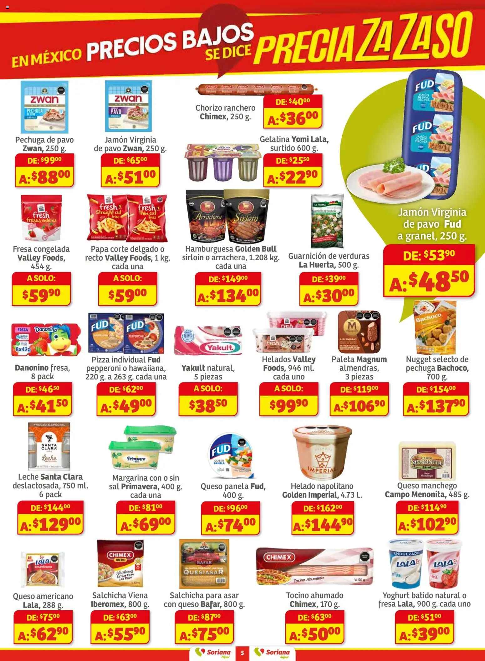 Nuevas ofertas de Soriana válidas en toda la República Mexicana desde el 27.11.2025. ¡Encuentra las mejores ofertas en Soriana - Preciazazaso Híper: Camp, Chia, Oax, Q. Roo, Tab, Yuc! | Página: 5 | Productos: Tocino, Salchicha, Chorizo, Margarina