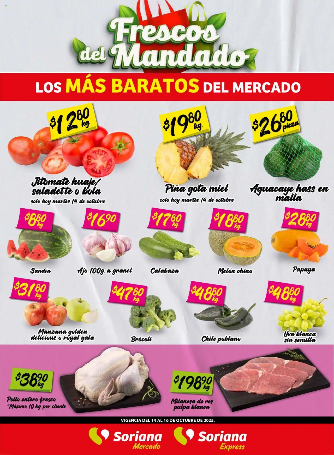 Nuevas ofertas de Soriana válidas en toda la República Mexicana desde el 14.10.2025. ¡Encuentra las mejores ofertas en Soriana - Frescos del Mandado Mercado: Saltillo! | Página: 1 | Productos: Sandía, Ajo, Piña, Malla