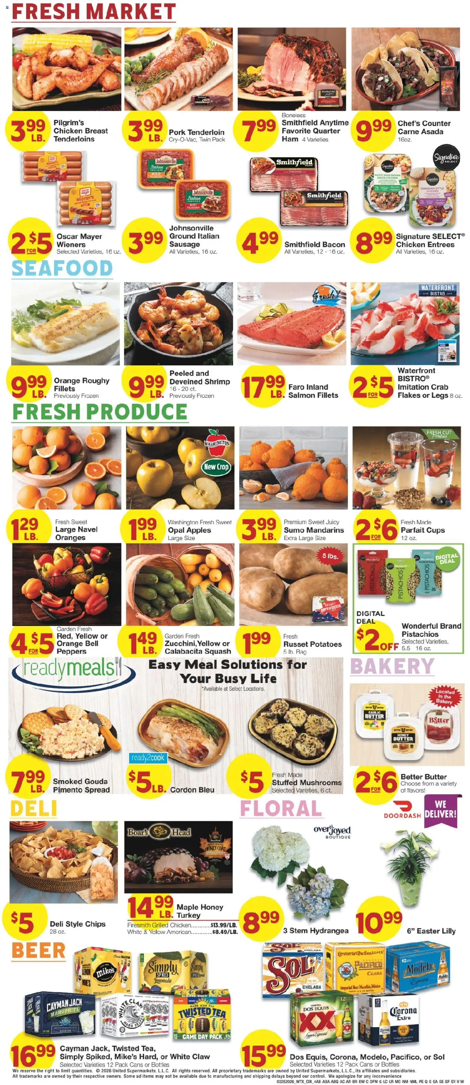 United Supermarkets Weekly Ad - valid from 24.03.2026 | Page: 4 | Products: Bakery, Pork, Apples, Oranges