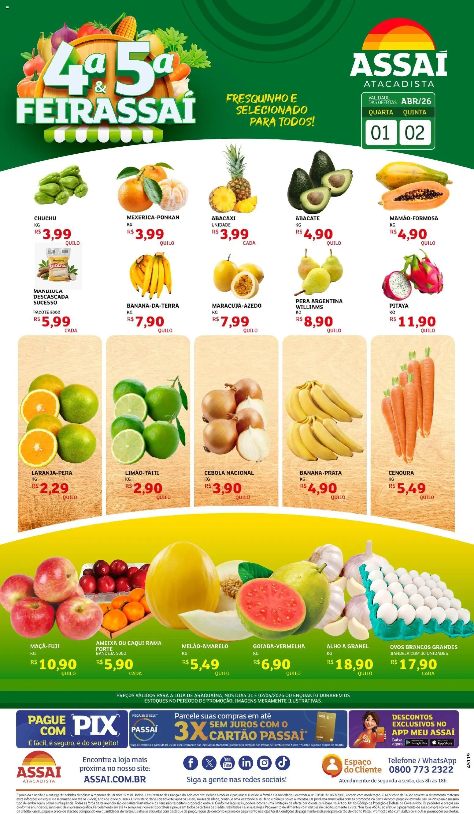 Assaí Atacadista Folheto - válido de 02.04.2026 | Página: 1 | Produtos: Caqui, Chuchu, Mandioca, Pneus