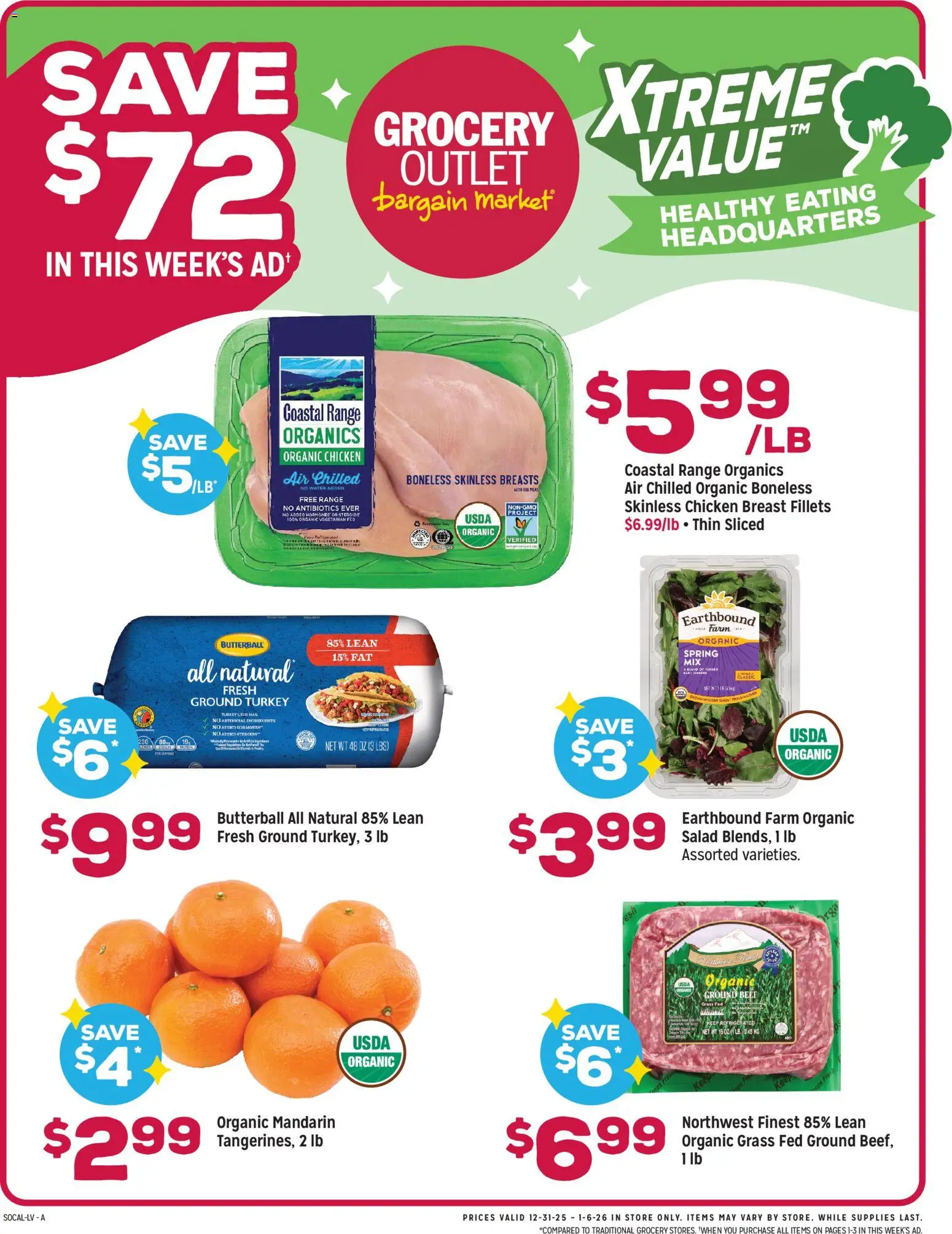 Grocery Outlet Weekly Ad - valid from 31.12.2025 | Page: 1 | Products: Beef, Salad, Water, Greens