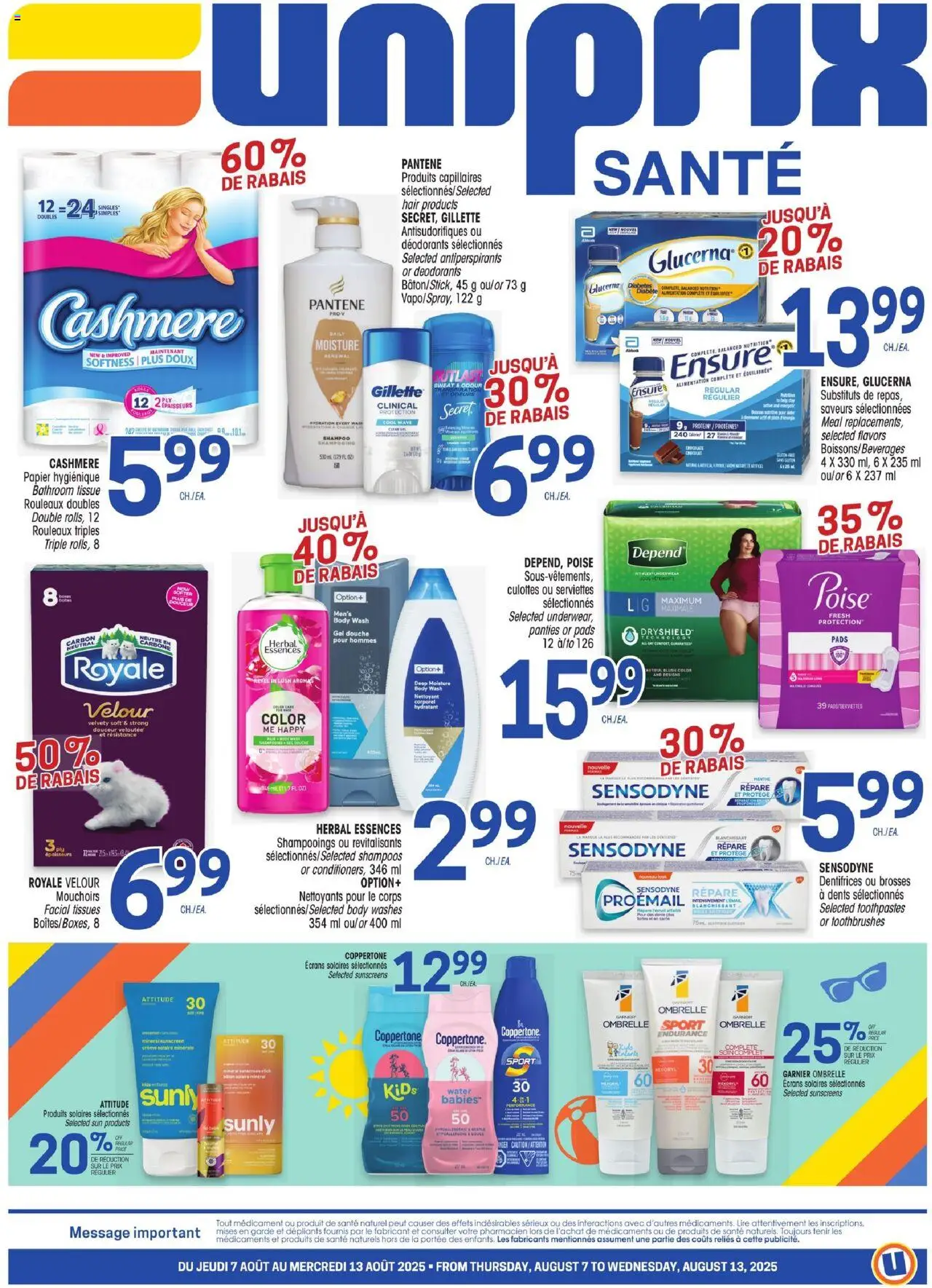 Uniprix flyer valid from 07.08.2025 | Page: 1 | Products: Shampoo, Sunscreen, Body wash, Panties
