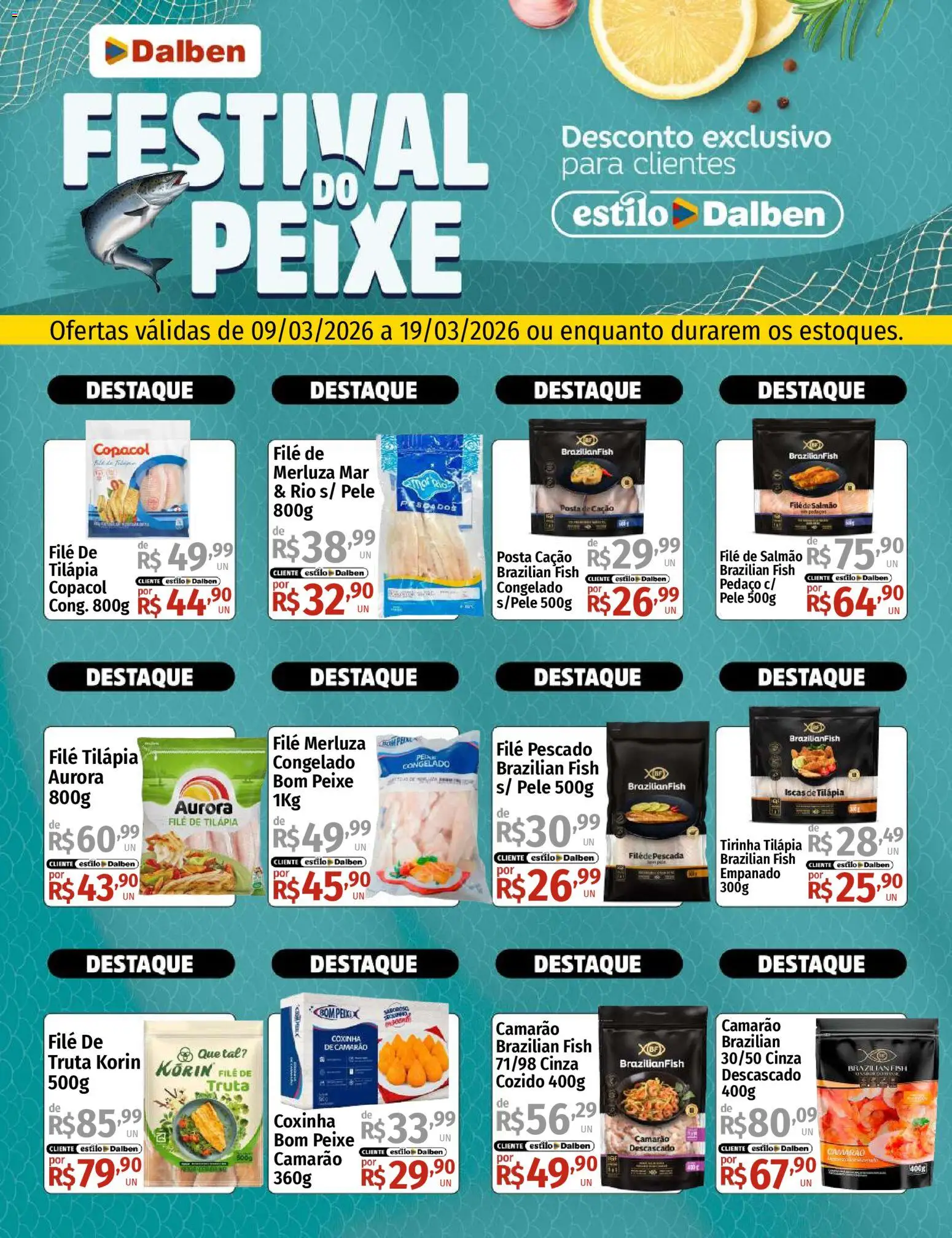Supermercado Dalben Folheto - válido de 09.03.2026 | Página: 1 | Produtos: Salmão, Camarão, Peixe, Filé de tilápia