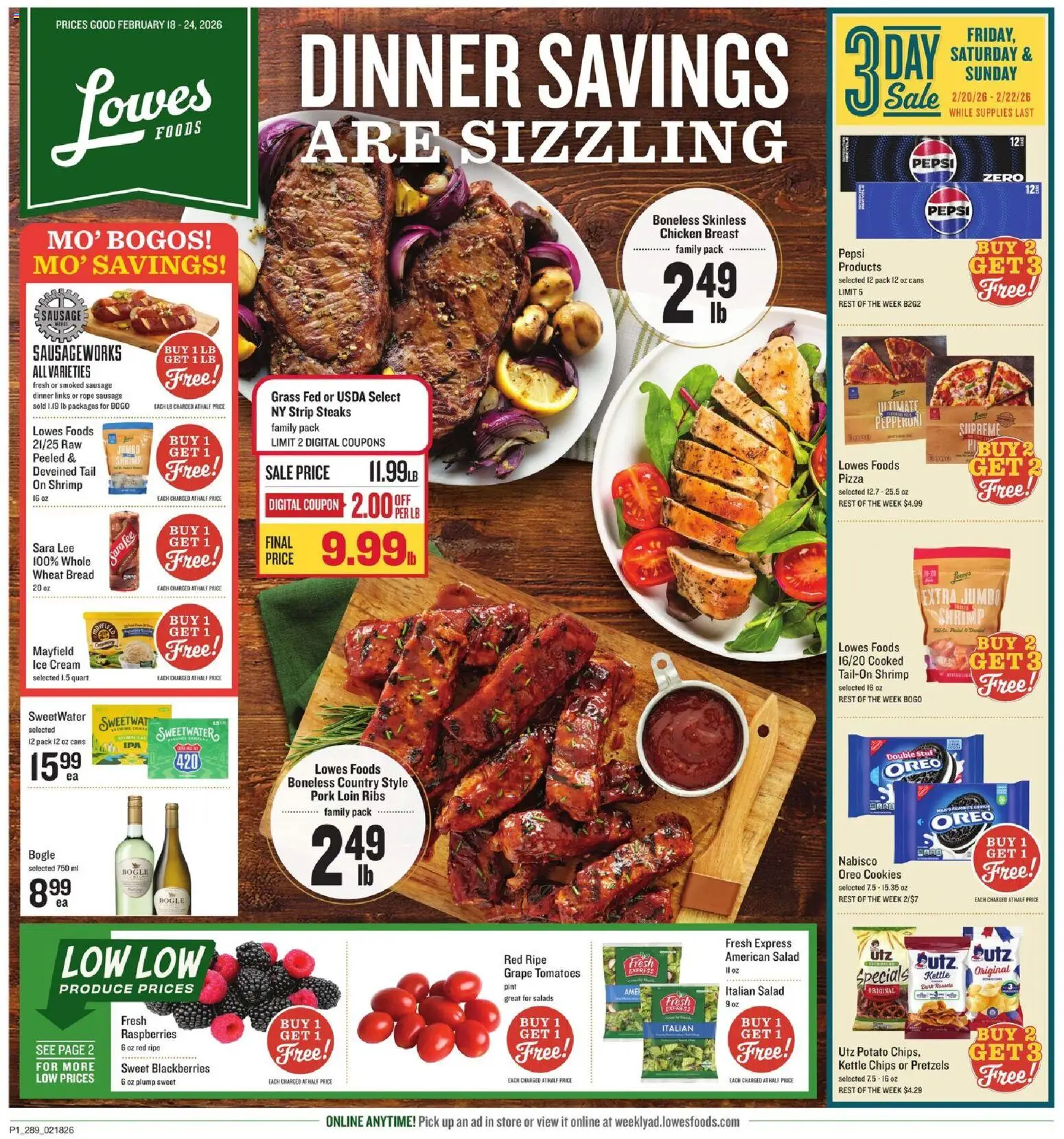 Lowes Foods Weekly Ad - NC - valid from 18.02.2026 | Page: 1 | Products: Pork, Tomatoes, Ice cream, Sausage