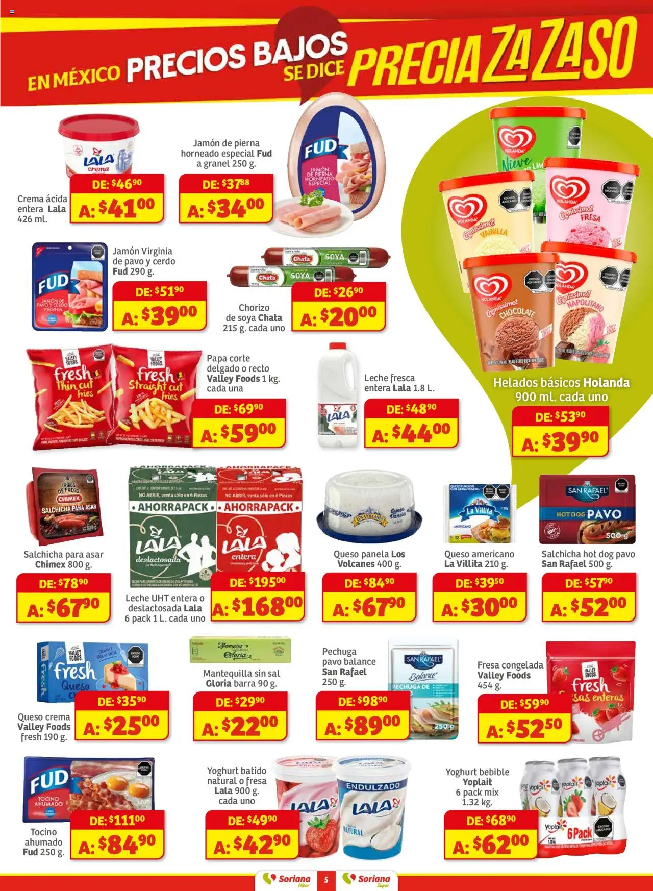 Nuevas ofertas de Soriana válidas en toda la República Mexicana desde el 01.08.2025. ¡Encuentra las mejores ofertas en Soriana - Preciazazaso Súper Valle de México! | Página: 5 | Productos: Sal, Queso crema, Jamón, Barra