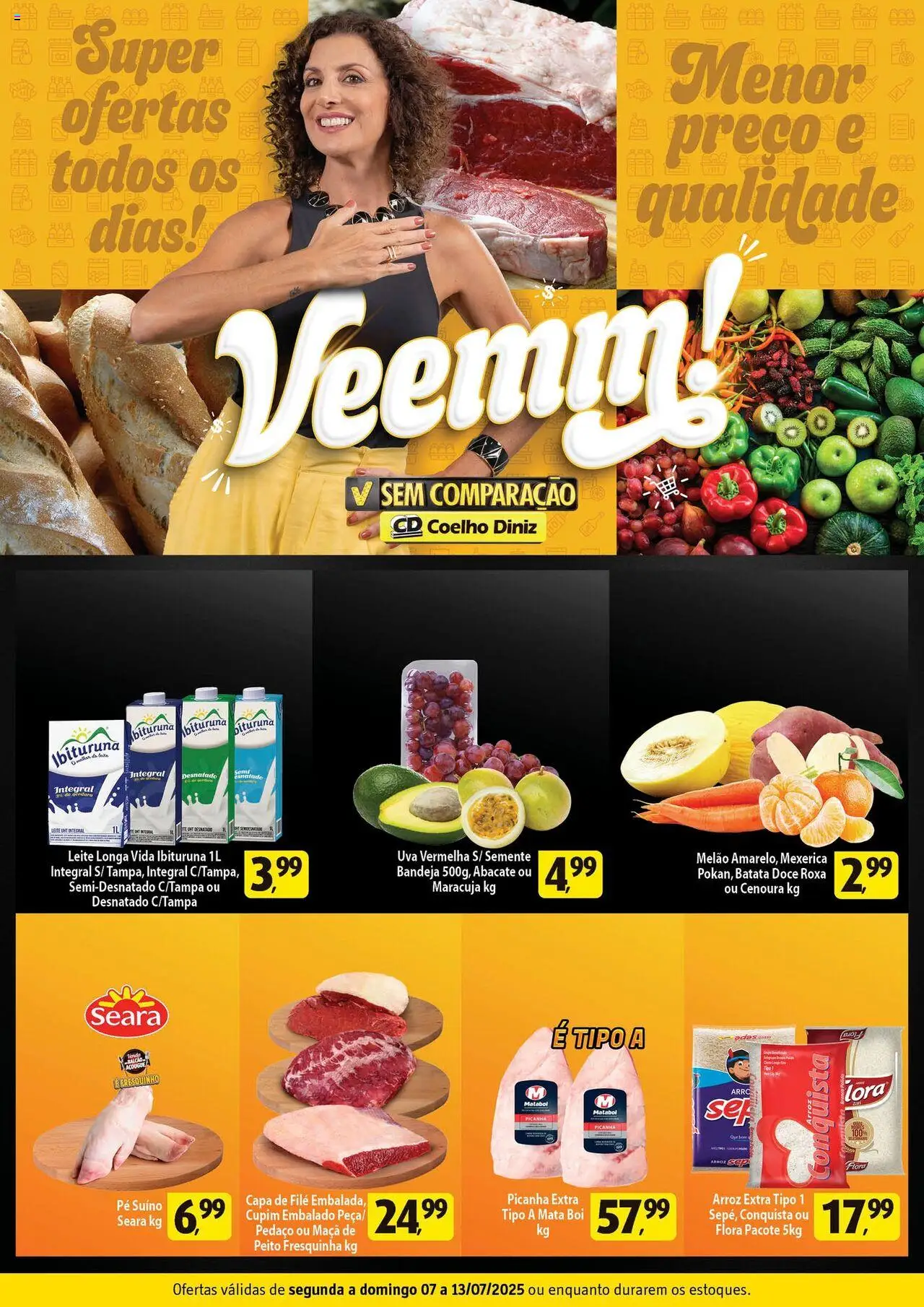 Coelho Diniz Folheto - válido de 07.07.2025 | Página: 1 | Produtos: Maracujá, Leite, Arroz, Batata