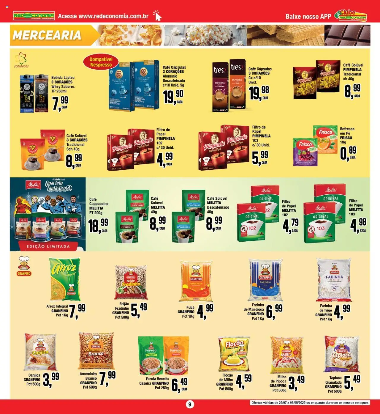 RedEconomia Folheto - válido de 27.07.2025 | Página: 9 | Produtos: Fubá, Tapioca, Café, Farofa